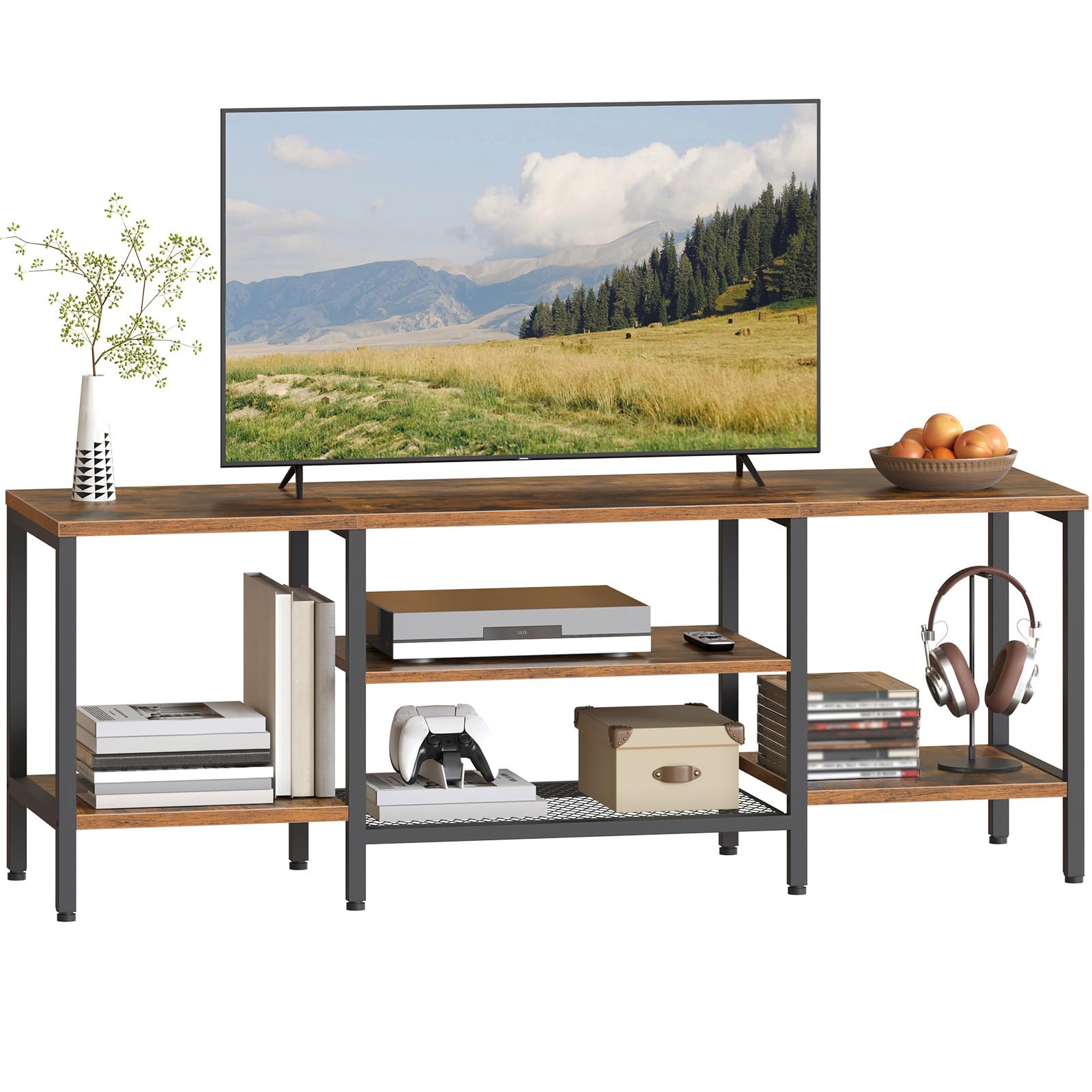 HOOBRO Meuble TV Style Industriel, Console Multimédia à 3 Niveaux, Étagères Grillagées pour Téléviseur de 65 Pouces, Rangement Ouvert, pour Salon, Marron Rustique et Noir EBF58DS01