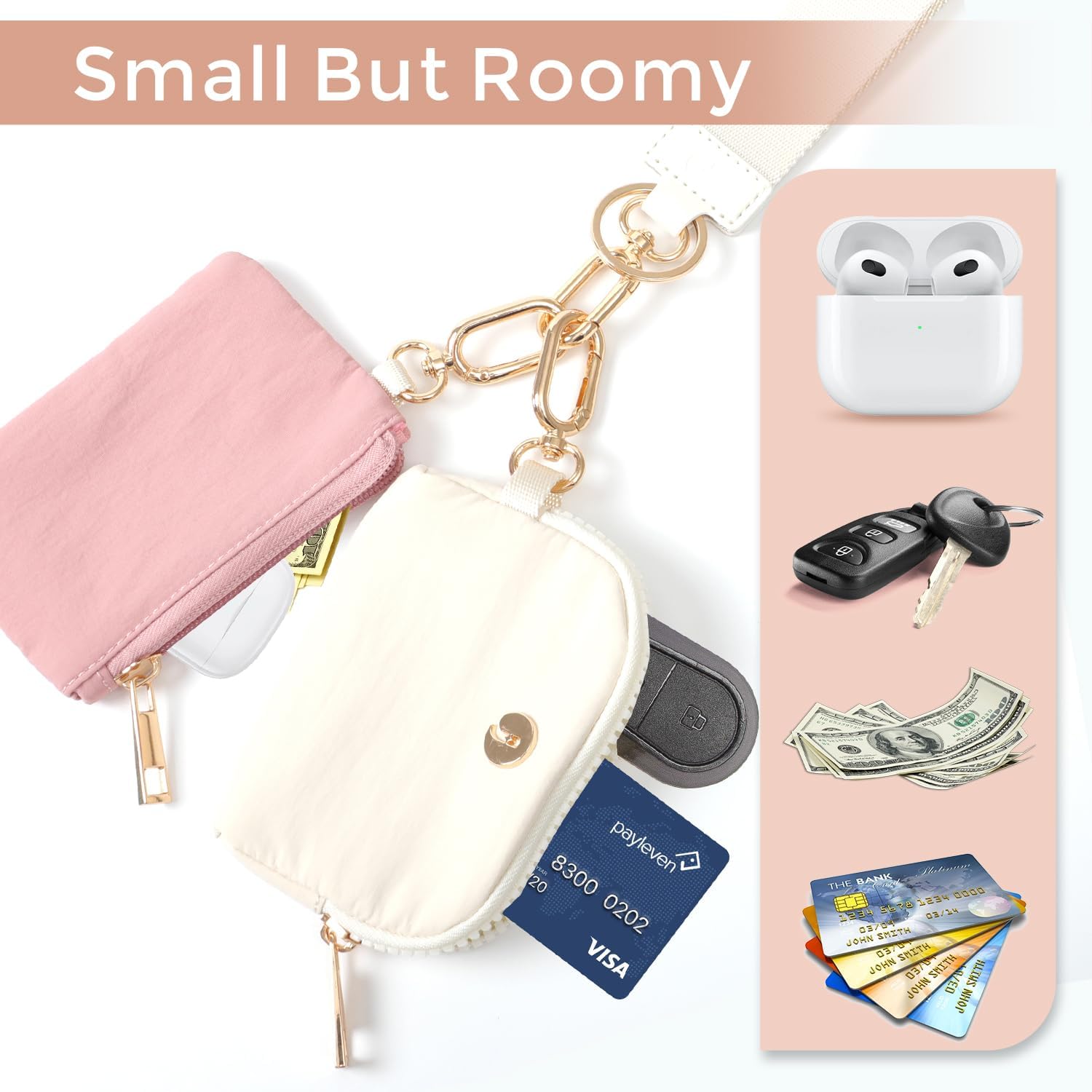 Dual Pouch Wristlet Keychain Wallet with 2 Wrist Straps - Small and Portable Mini Zipper Coin Purse Card Wallets for Women Men Gold Hardware Pink+Ivory - Image 3
