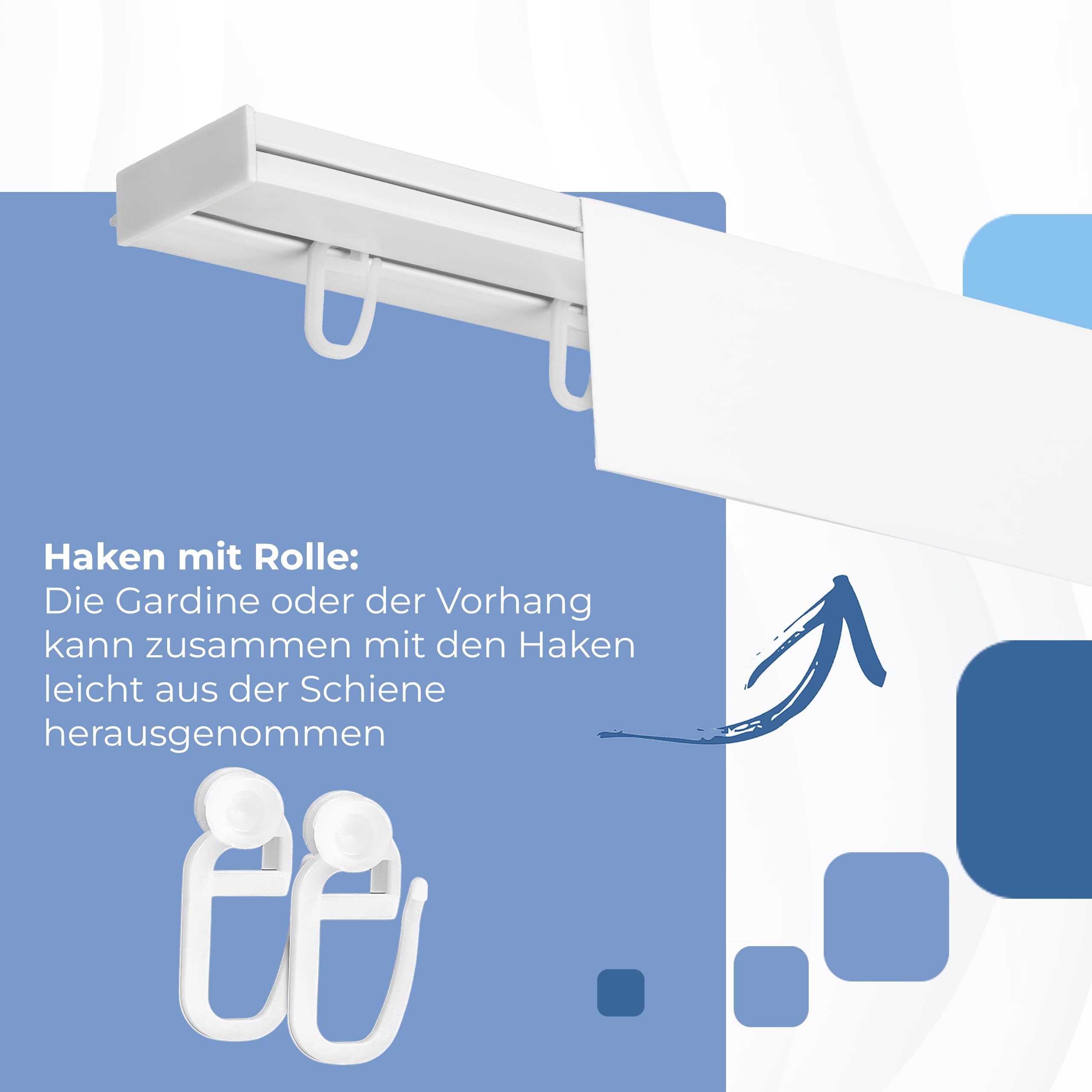 Gardinenschiene mit Blende 1-läufig – PVC Vorhangschiene zur Deckenmontage, Deckenschiene für Vorhänge, Weiß, mit Haken mit Rolle, 440 cm