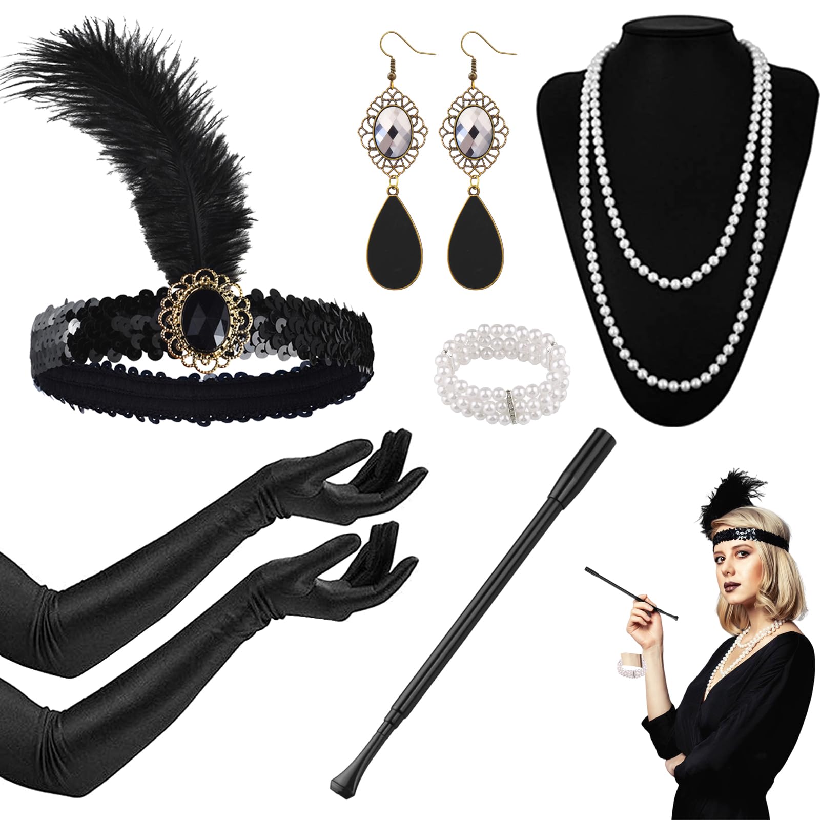 Alviller 1920s Flapper Accessories Set, 5Pcs Great Gatsby Charleston Costume with Headband Pearl Necklace Bracelet Earrings Black Long Gloves Vintage Lace Fan for Women Girls 20s Theme Party