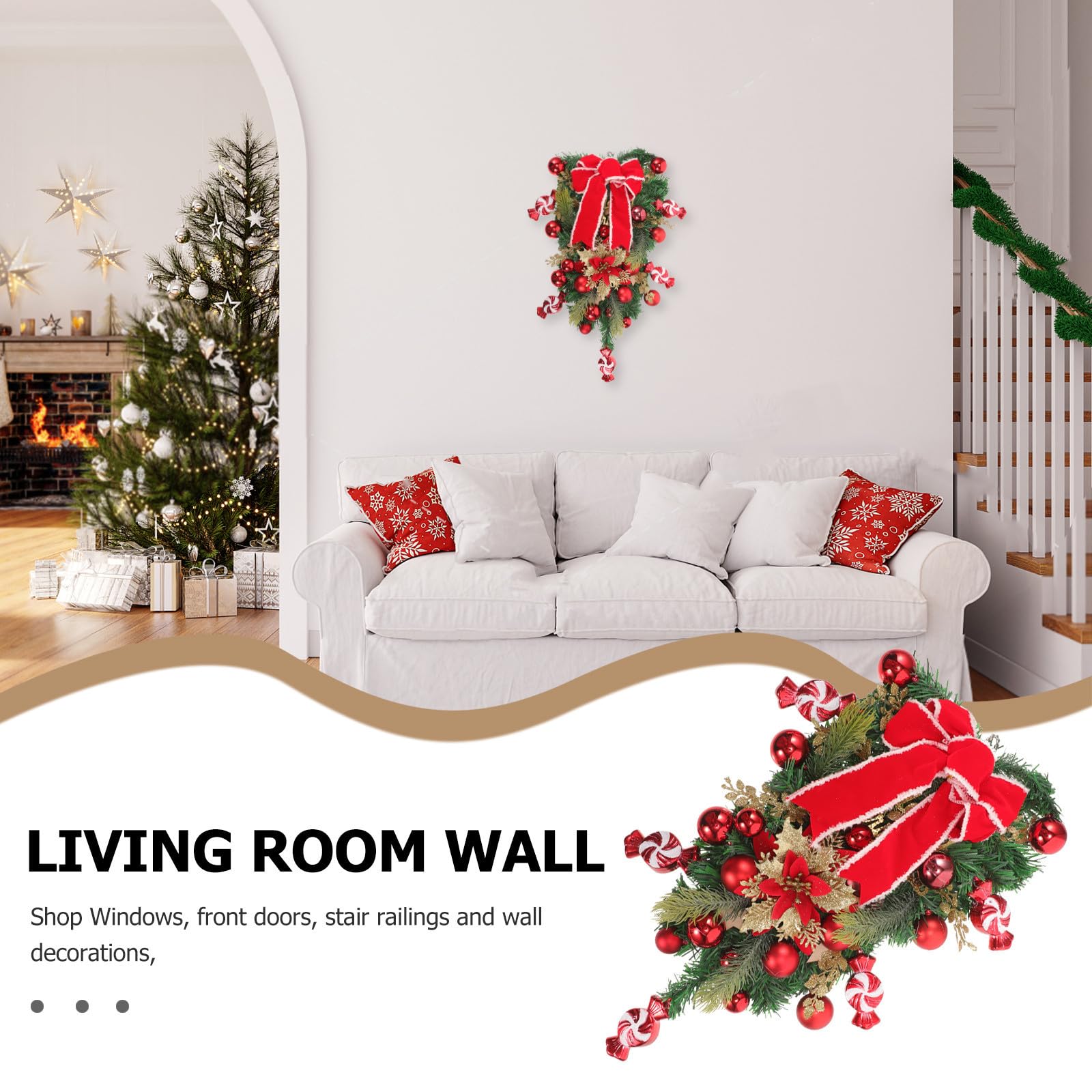 Mikikit Guirnalda Navideña Colgante en Forma de Lágrima Lazo para Decoración de Puerta y Barandilla, Diseño Único de PE para Ambiente Navideño Auténtico