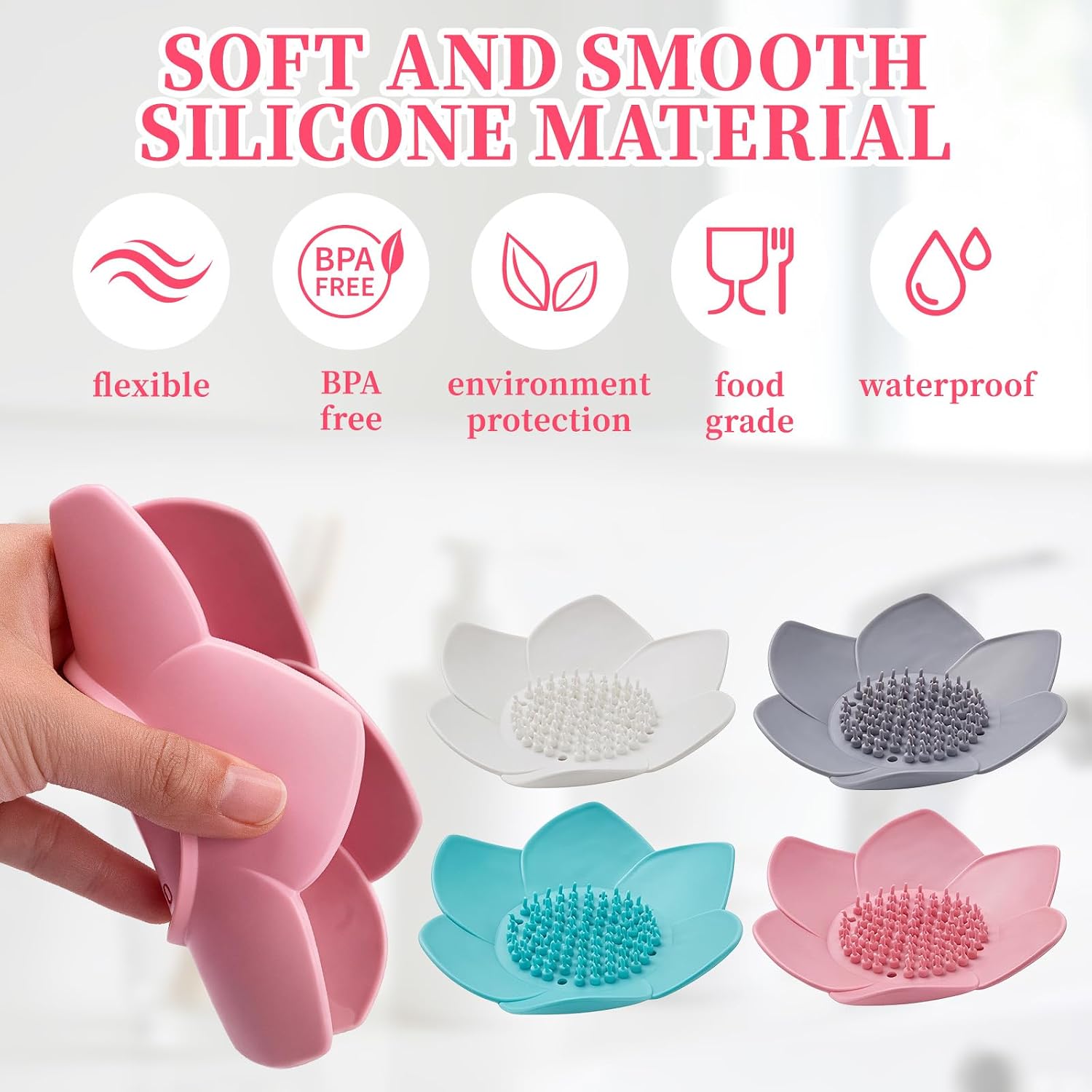 4 Pcs Lotus Shape Shower Steamer Tray, Silicone Soap Holder Non-Slip, Flower Shape Draining Soap Dishes with Drainage for Shower Non-Slip Holders Bathtub, Sink & Modern Bathroom Décor