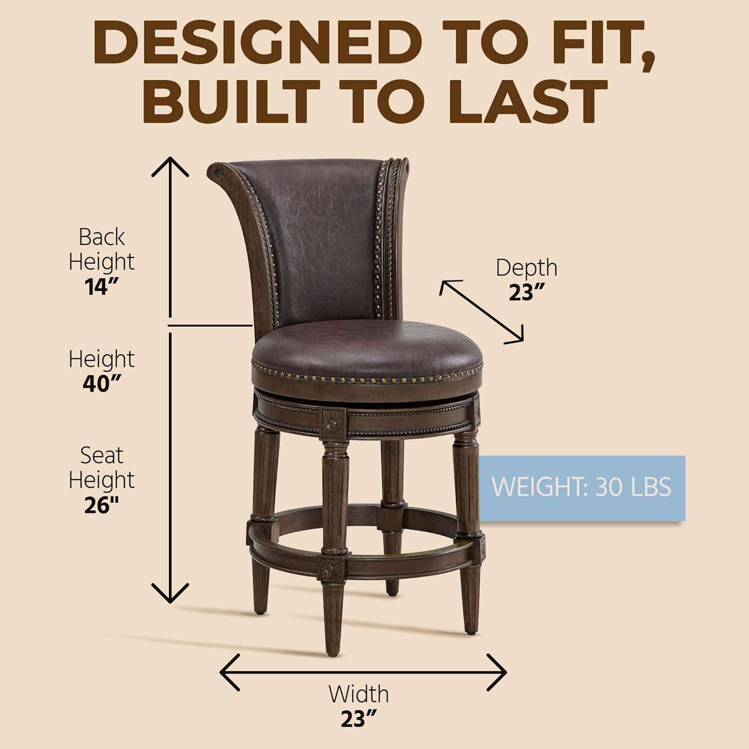 ROME + OAK Set of 4 Runyan 26" Swivel Counter Stool, Rotating High Back Barstool in Dark Walnut Finish with Vintage Brown Vegan Leather Seat