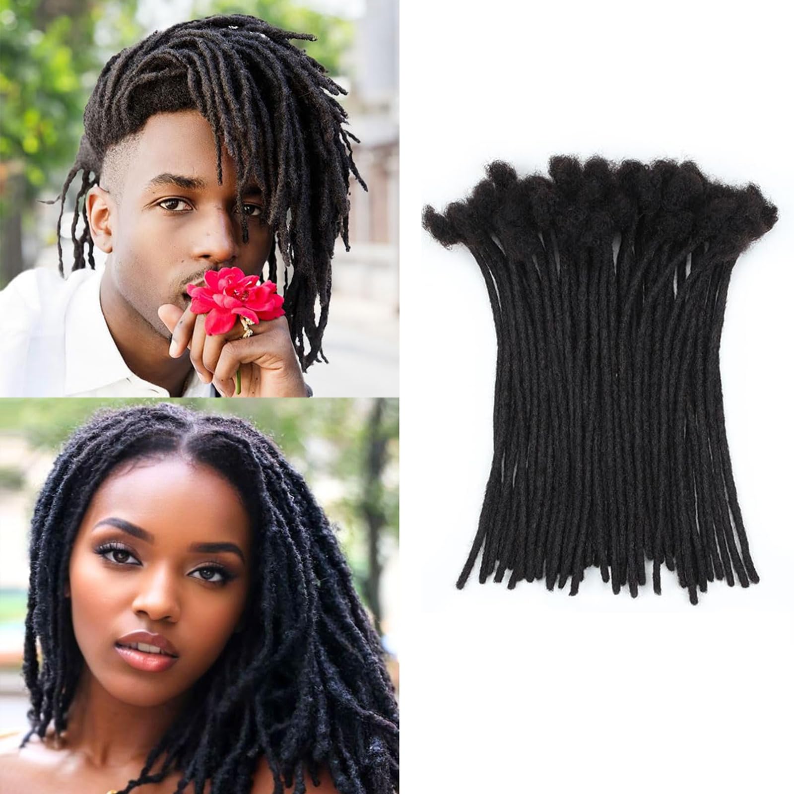 Dreadlock Extensions Naturfarbe 8 Zoll 100% Echthaar 50 Strähnen | Handgefertigt, Permanente Loc Extensions, 0,8cm Dicke, 1B