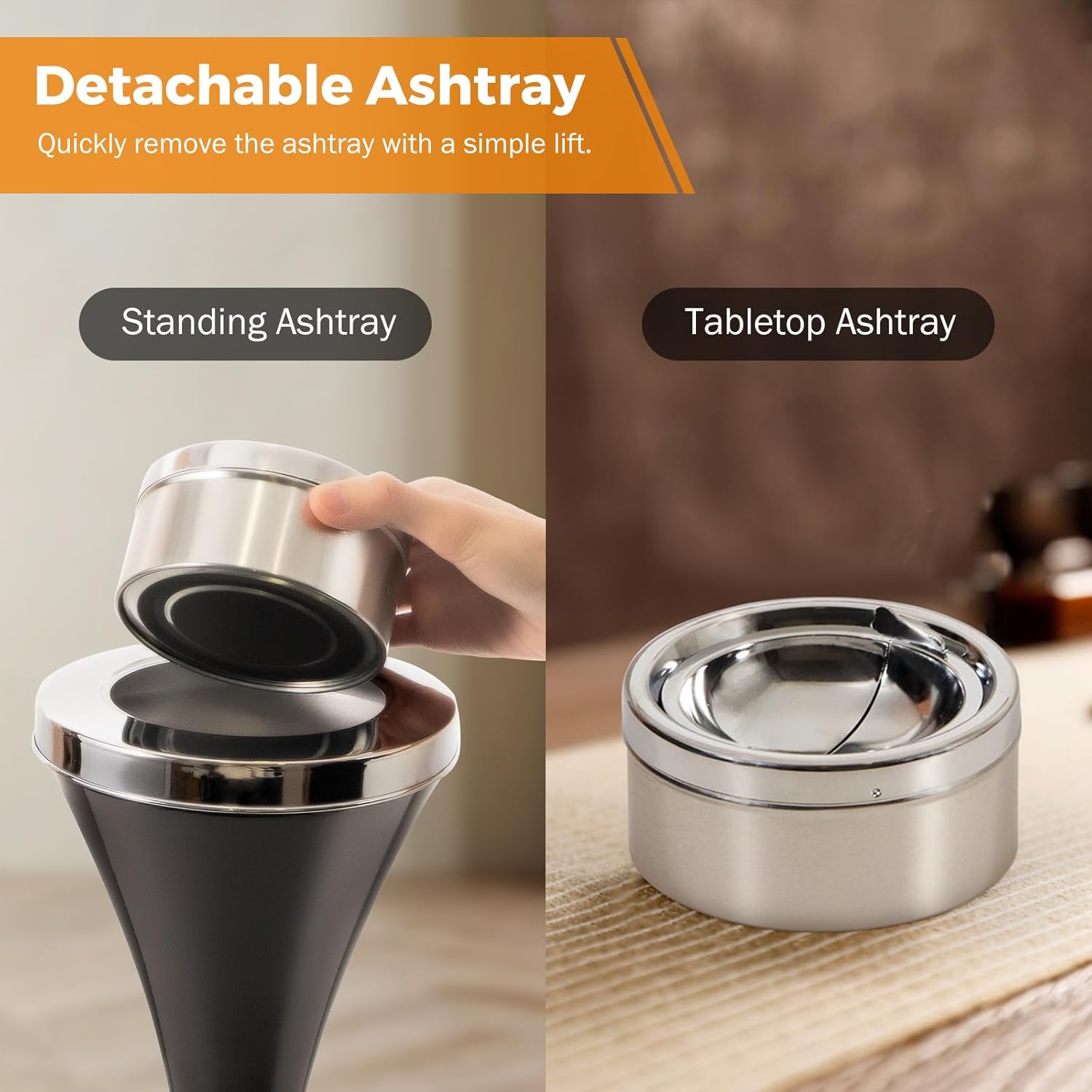 BEAMNOVA Floor Ashtray For Cigarettes Outdoor Indoor Hinged Lid Cigar Ashtray Stand Self-Cleaning Black