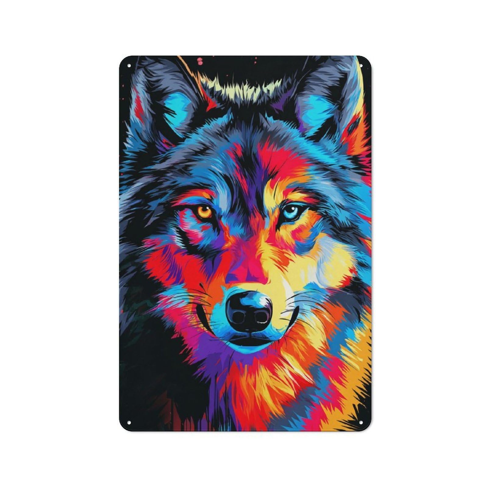 Junmoney Colorful Wolf Portrait Artwork -4 Modern Vintage Metal Desk Wall Sign 30X20cm, Office Wall Decor For Office, Study, Studio Or Hallway