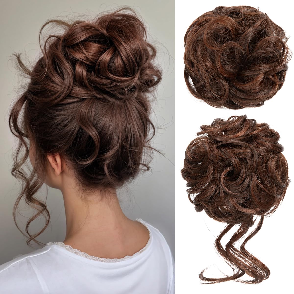 CJL HAIR 2PCS Messy Bun Hair Pieces Wavy Curly Synthetic Updo Chignon Fake Scrunchies Ponytail Extension for Women Red Vino
