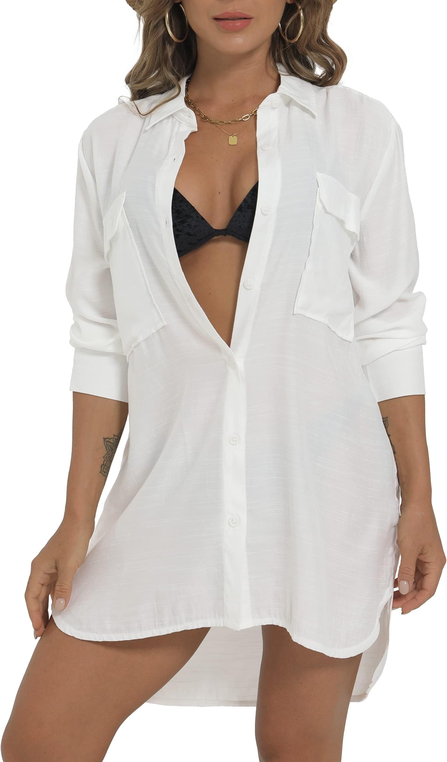 Women’s Bikini Swimsuit Cover Up, Button Down V Neck Beach Shirts,Long Sleeve Beach Coverups Beachwear for Women