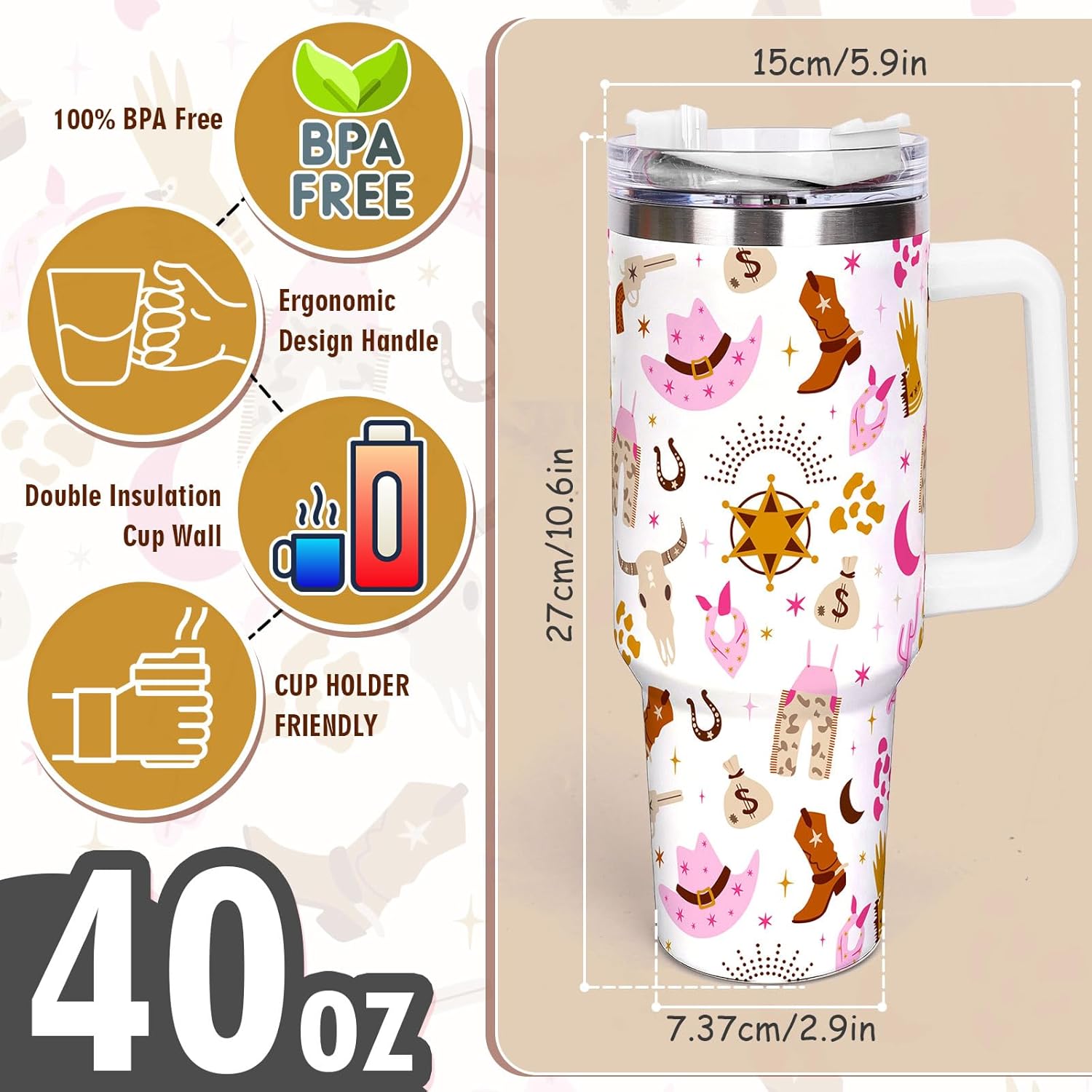 Whaline 40oz Cowgirl Tumbler with Handle Straw and Lid Travel Tumbler Coffee Cup for Women Friend Holiday Birthday - Image 2