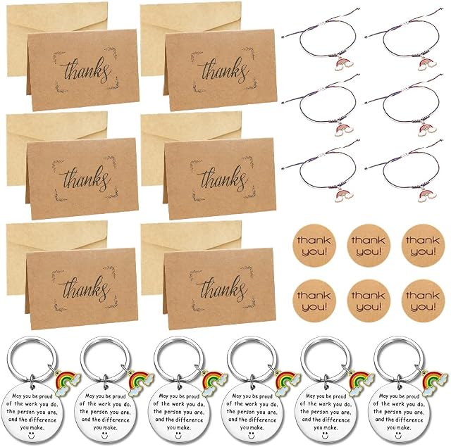 Yontree 6 Pack Thank You Cards with Envelopes,6Pcs Thank You Keyring Thank You Rainbow Bracelet Leaving Gifts for Colleagues Thank You Keyring for Party Birthday Wedding Christmas