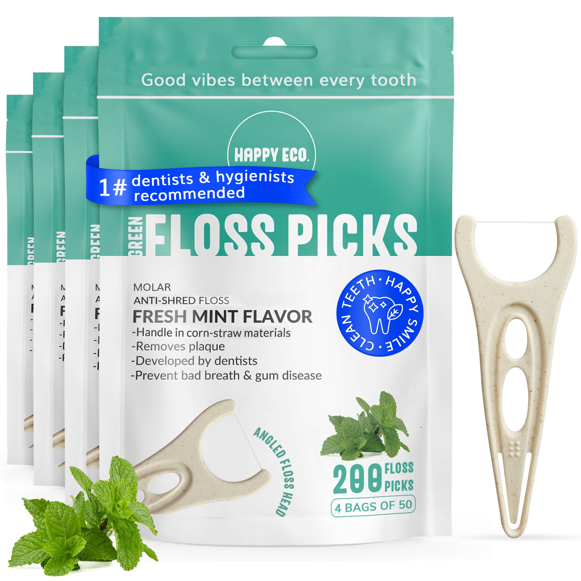 Dental Floss Picks (200pcs) - Flossers for Adults, Vegan Corn-Straw Grip Handle, Superior Oral Care & Anti-Shred Thread, Dental Hygiene, Tooth Pick Sticks, Teeth & Gum Health (Mint, Single Thread)