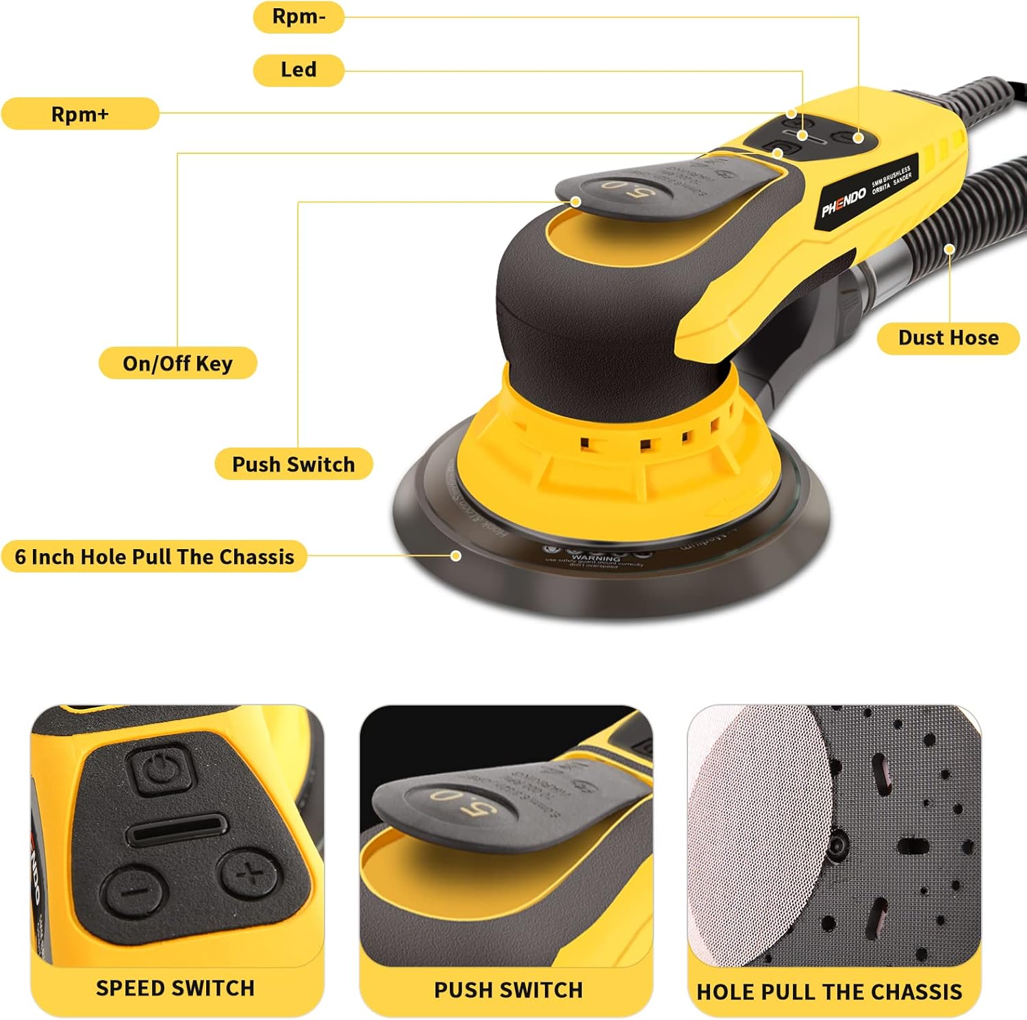 Electric Random Orbital Sander Brushless 350W 3A Multi-function Variable Speed Corded Orbital Sanders Machine For Woodworking, Car, Drywall Sanding, Polishing…