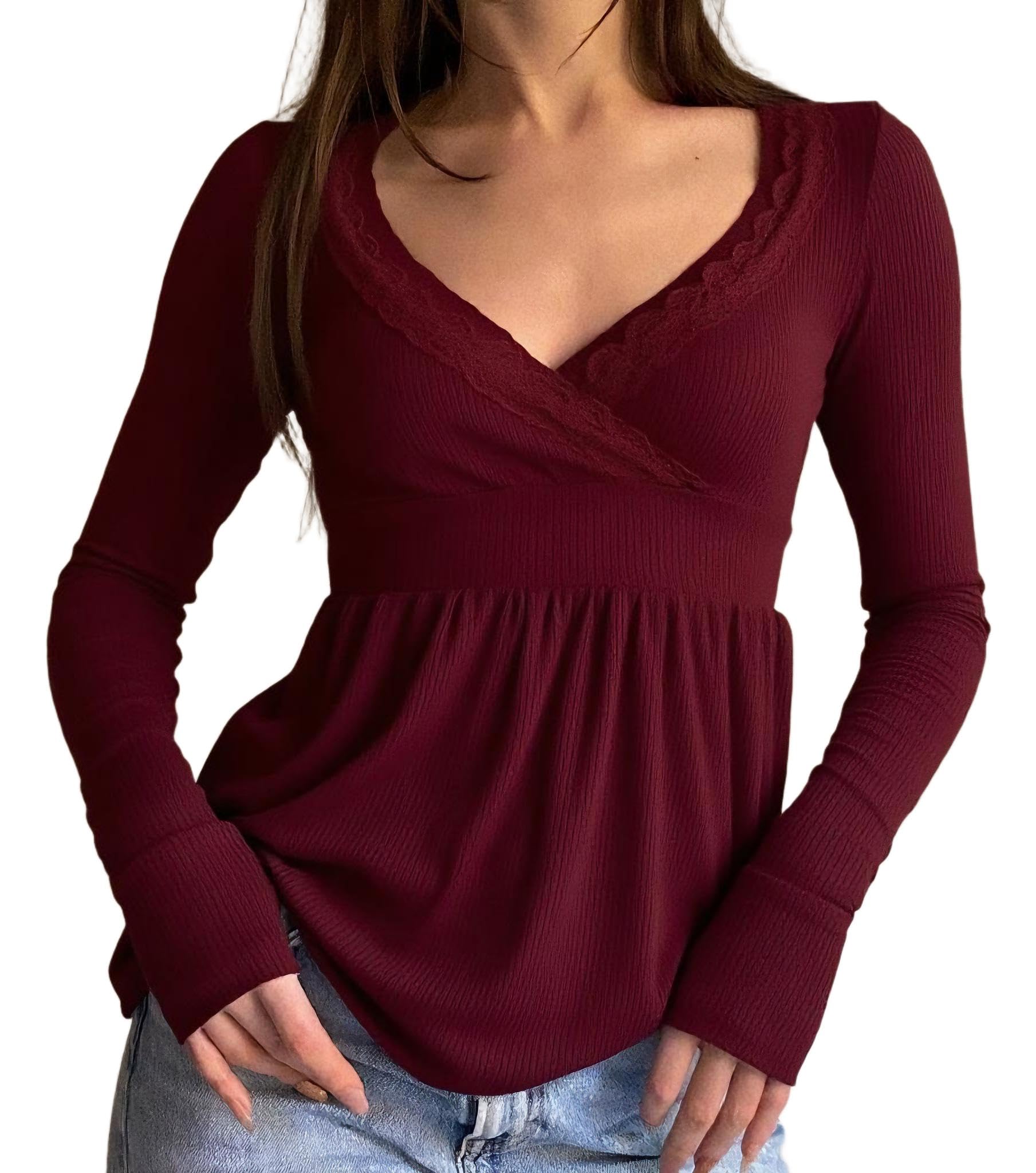 Eimmao Women Babydoll Long Sleeve Top Y2K V Neck Shirts Wine Red S โ image 1