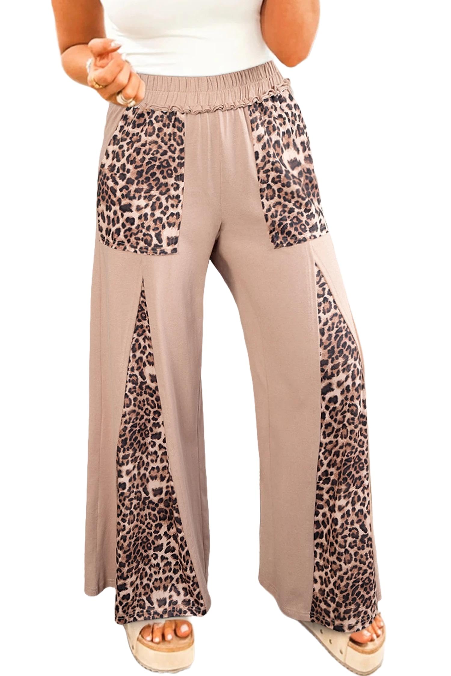 Apvirdy Womens Leopard Patchwork Pants Mineral Wash Ruffle Elastic Waist Wide Leg Pants Casual Cheetah Pant Pants