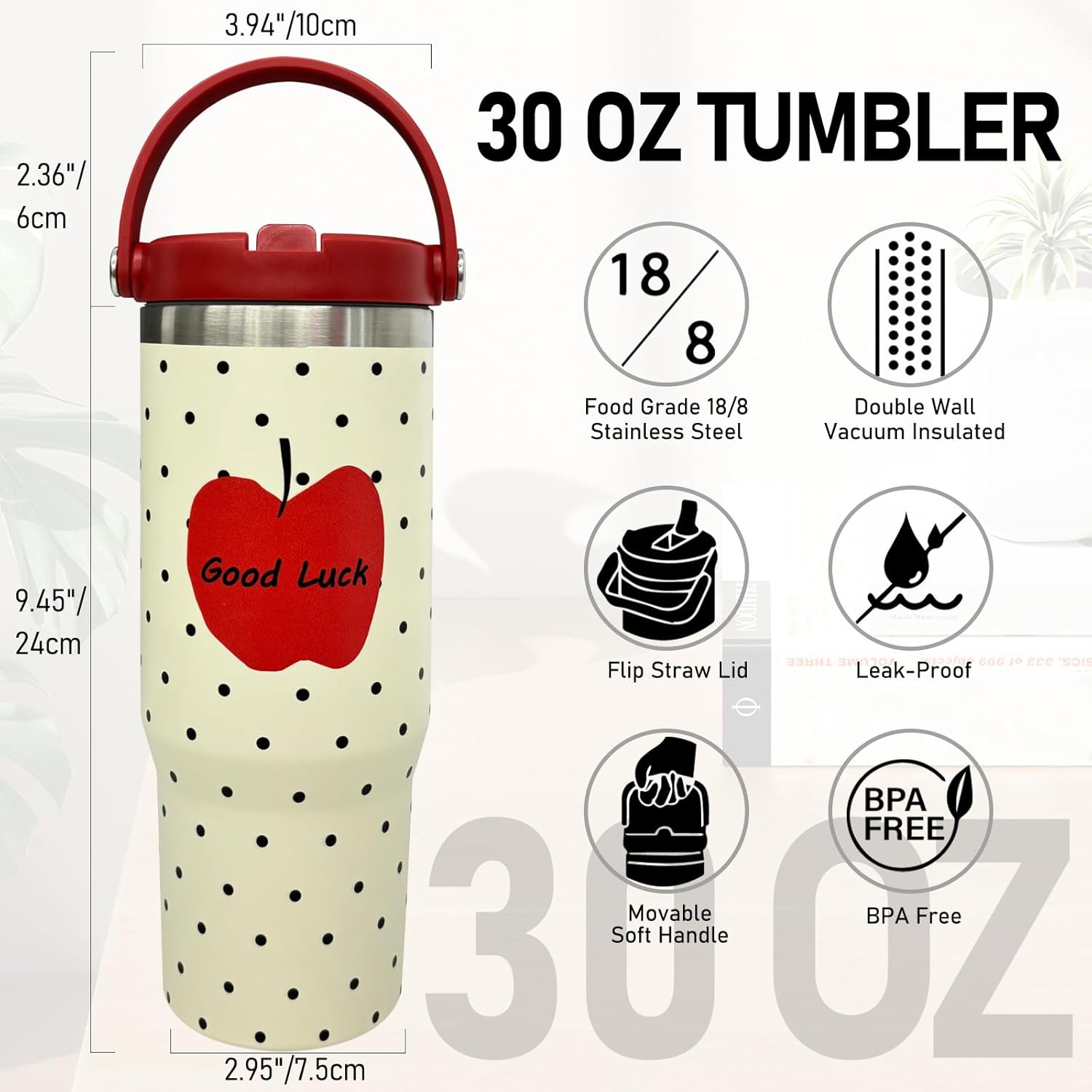 30 oz Tumbler with Handle and Straw, Vacuum Insulated Tumblers with Flip Straw and Top Handle, Leakproof Tumbler, Stainless Steel Travel Mug for Coffee Water, Cold for 20 Hours(Red Apple) - Image 2