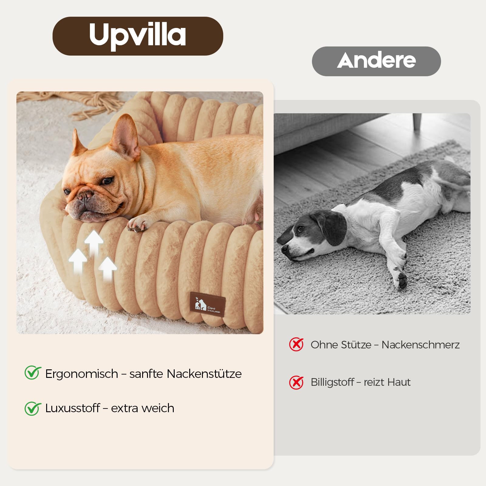 Upvilla Luxusweicher Hundekorb, Super Weiches hundebett Grosse Hunde, 4-seitiges Nackenkissen, Abnehmbare Waschbare Hundematte, Hundesofa mit Griffen, Haustierbett (Warmsand, 109 * 76 * 20cm)