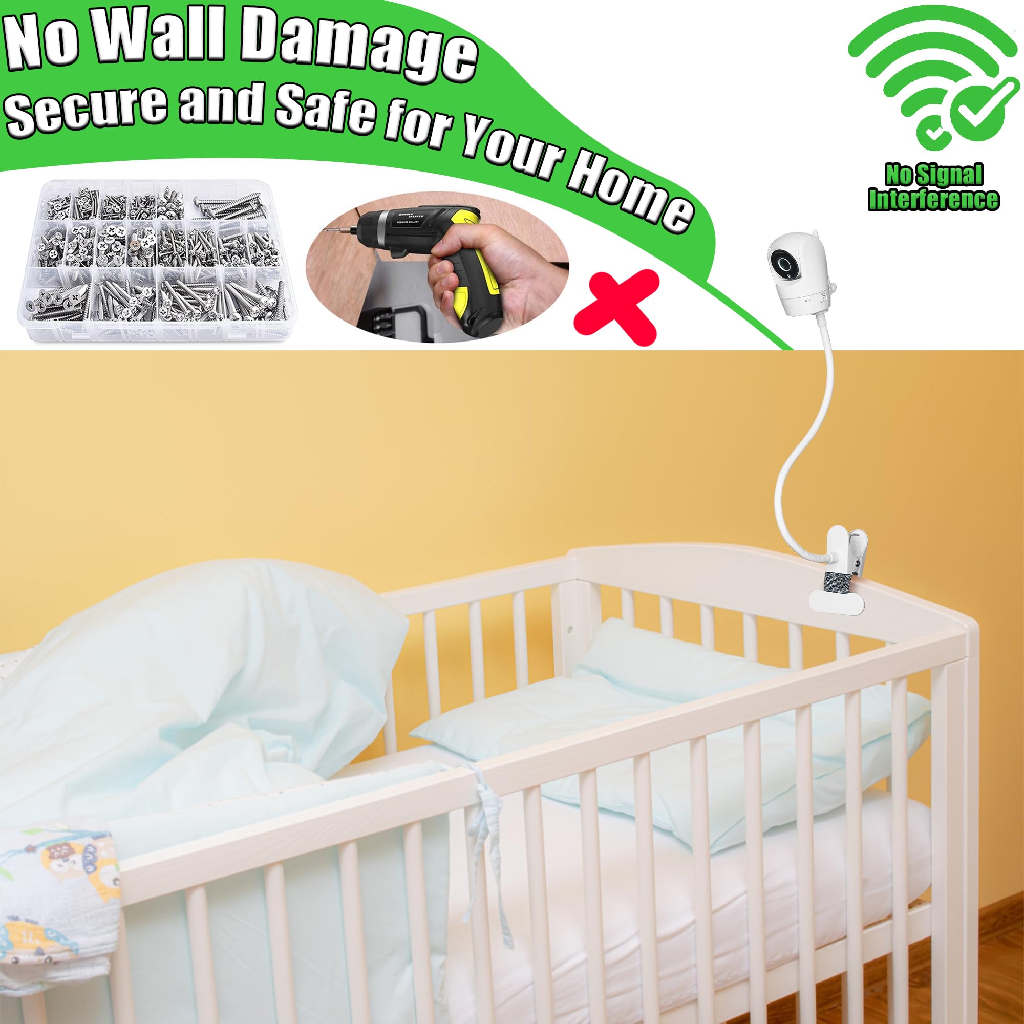 Baby Monitor Holder for Vtech VM901 and VM919HD, Flexible Clip Holder for Vtech Baby Monitor, Gooseneck Baby Monitor Holder for Crib without Tools or Wall Damage - White