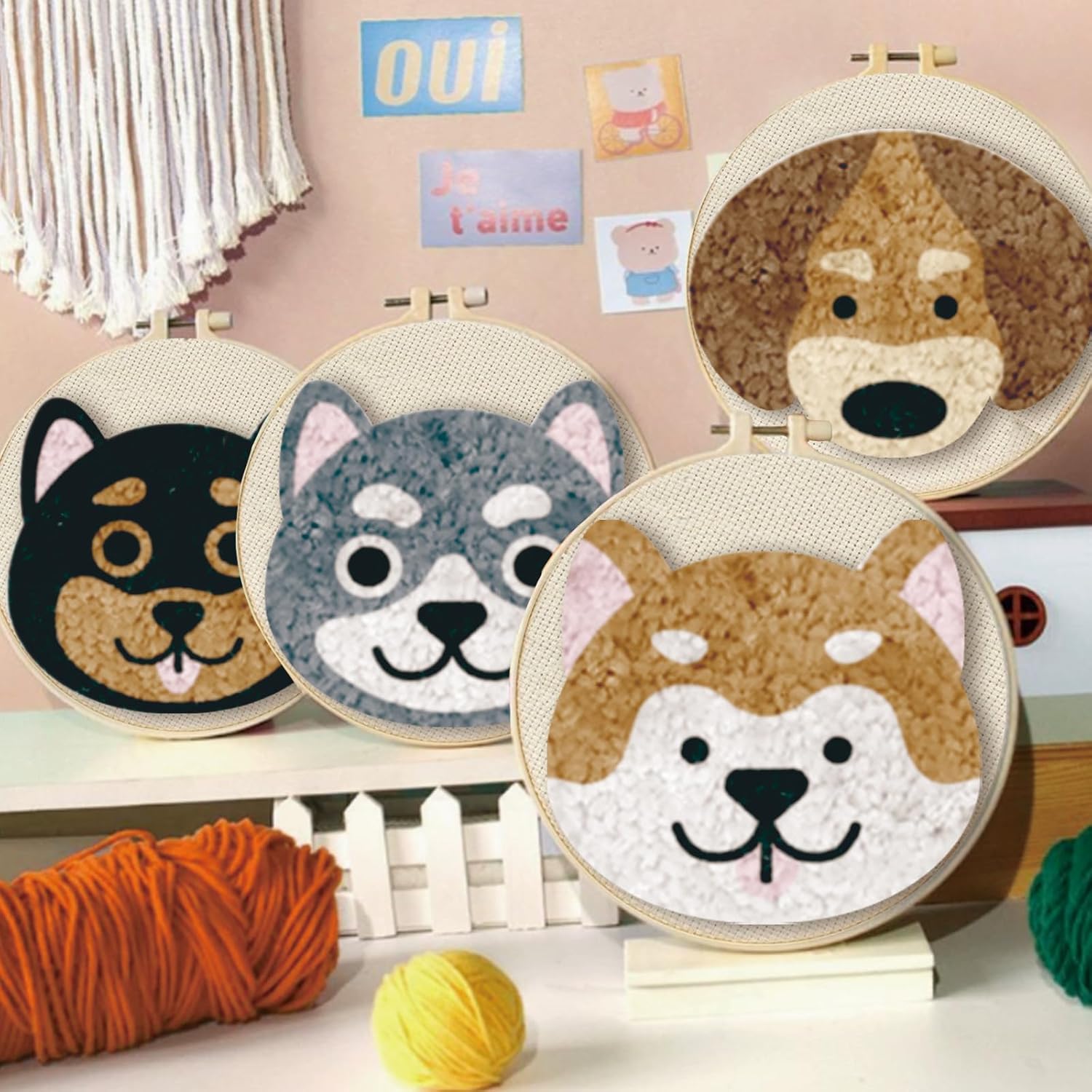 FREEBLOSS 6 Sets Punch Needle Kit Dogs Punch Needle Coaster Punch Embroidery Kit Punch Needle Embroidery Rug Punch Needle Kit for Beginners