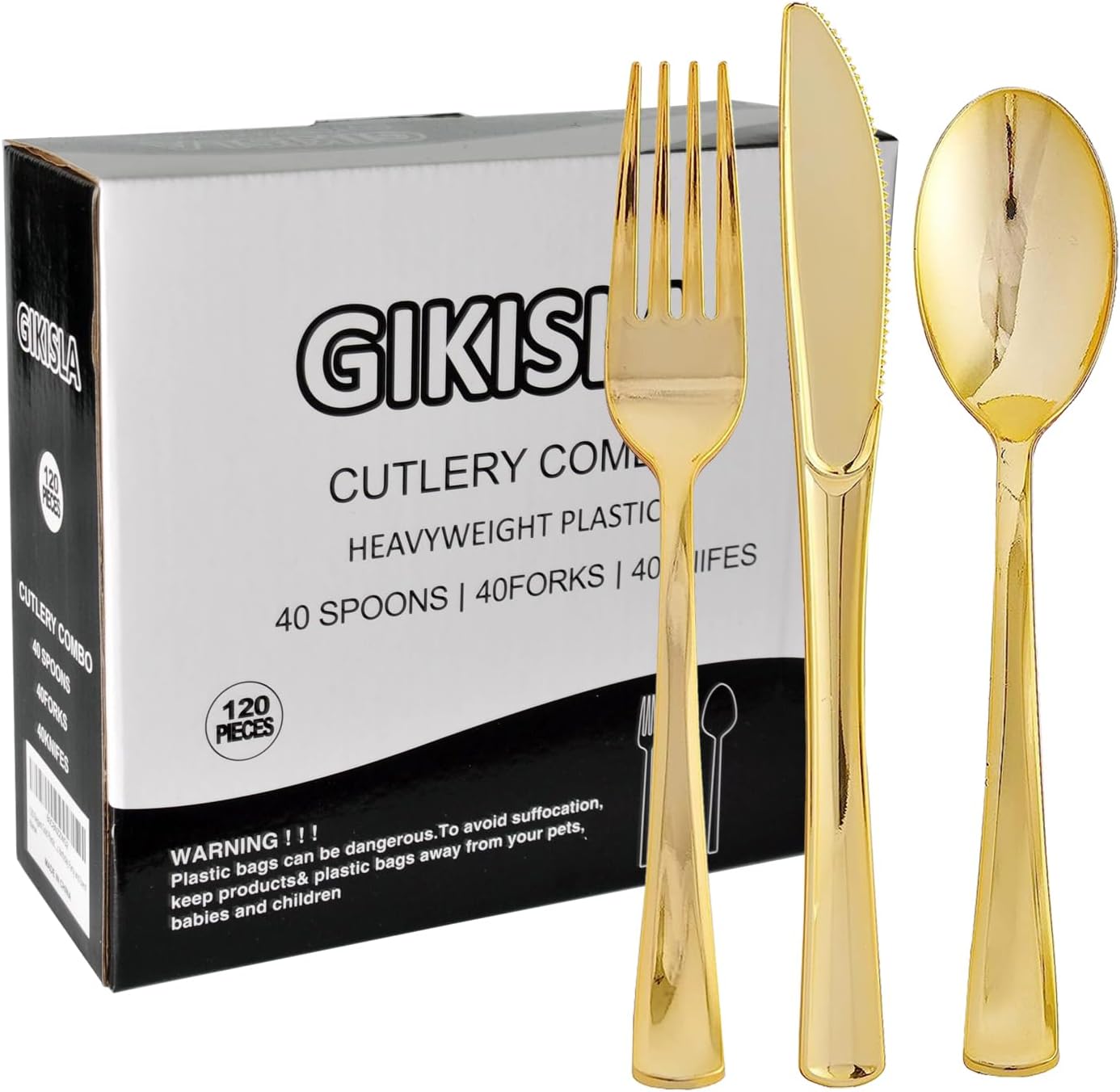 120 Pack Gold Plastic Cutlery Set, Including 40 Forks, 40 Knives, 40 Spoons, Reusable Heavy Duty Plastic Silverware Set for Christmas Weddings, Birthday, Parties, Dinners