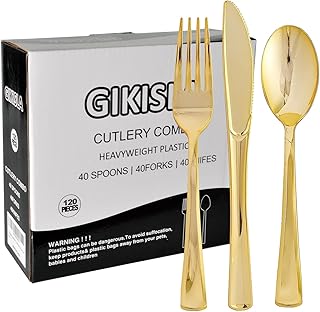 120 Pack Gold Plastic Cutlery Set, Including 40 Forks, 40 Knives, 40 Spoons, Reusable Heavy Duty Plastic Silverware Set for Christmas Weddings, Birthday, Parties, Dinners