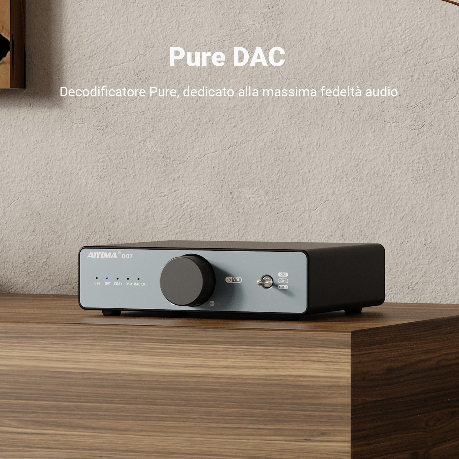 AIYIMA D07 Mini desktop HiFi DAC convertitore audio digitale analogico decoder AK4493S per amplificatore stereo domestico e amplificatore per cuffie, ingresso ottico/coassiale/USB, uscita RCA, 32 bit