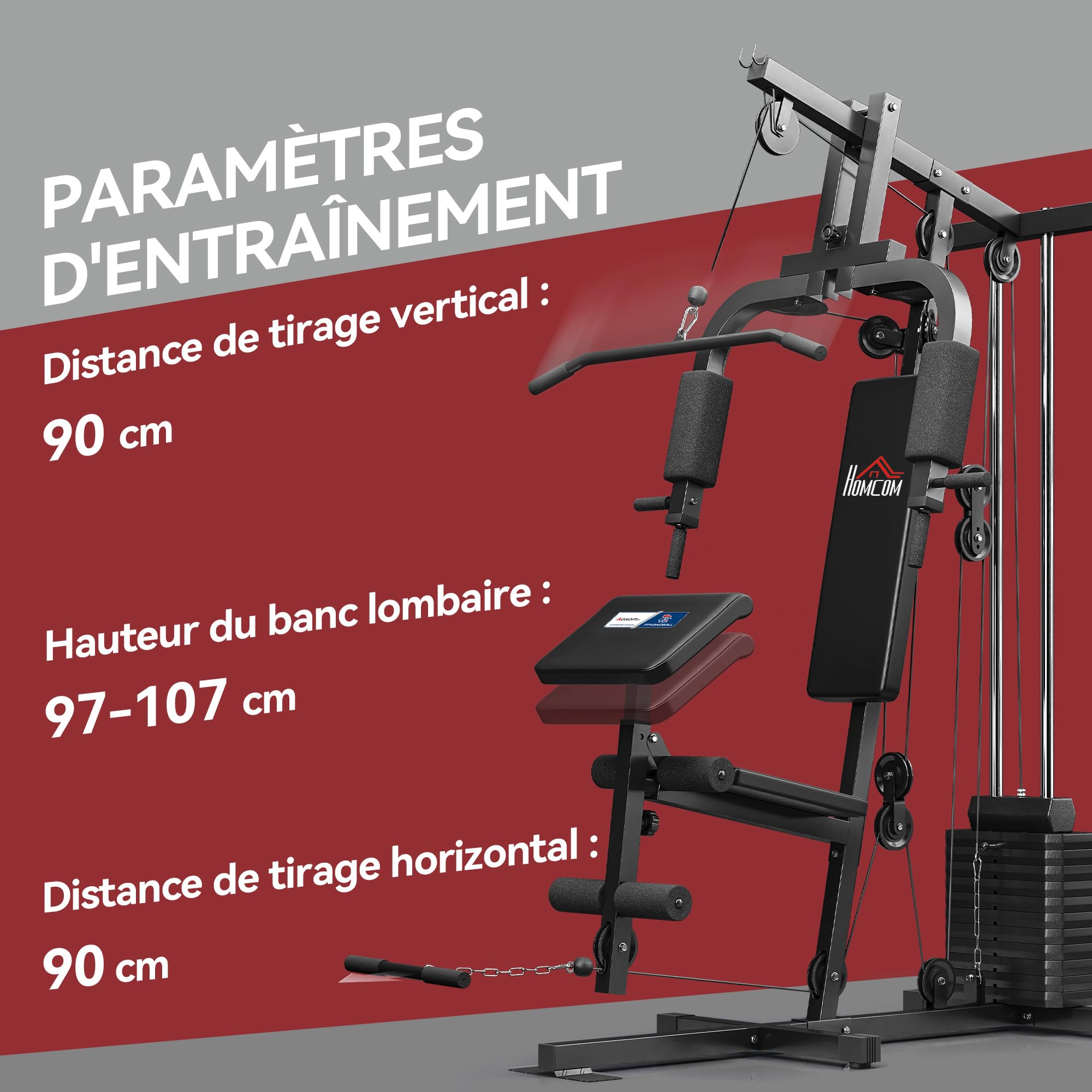 HOMCOM Station de Musculation Fitness - Collaboration Aosom.FR x FFHandball - avec 12 Blocs de Poids de 5,5 kg entraînement Complet - 135 x 103 x 210 cm