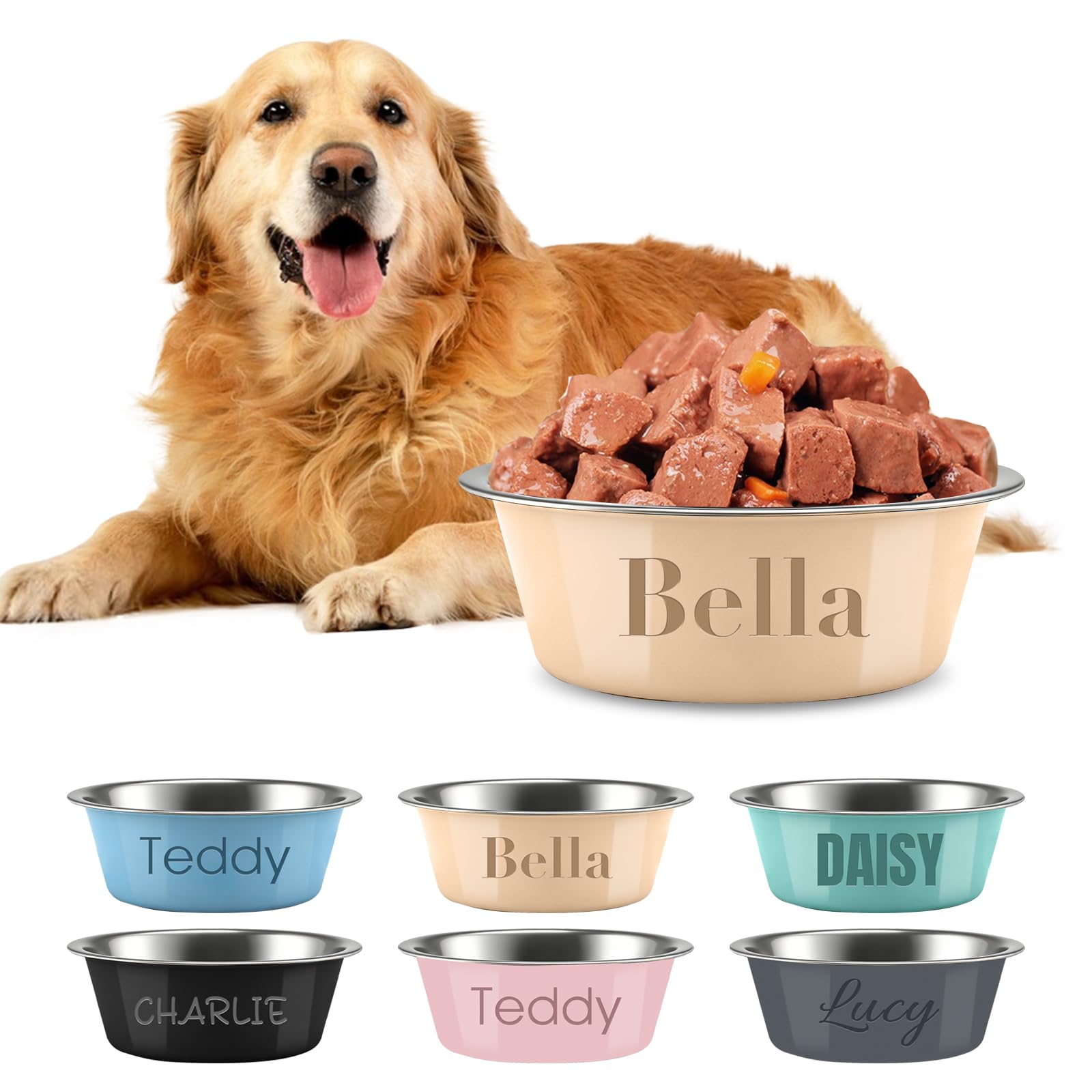 Personalised Stainless Steel Dog Bowls, Customizable Pet Names, Anti-Slip Mats, Printed Pet Bowls, Pet Supplies, Water Dispensers and Food Bowls (Beige)