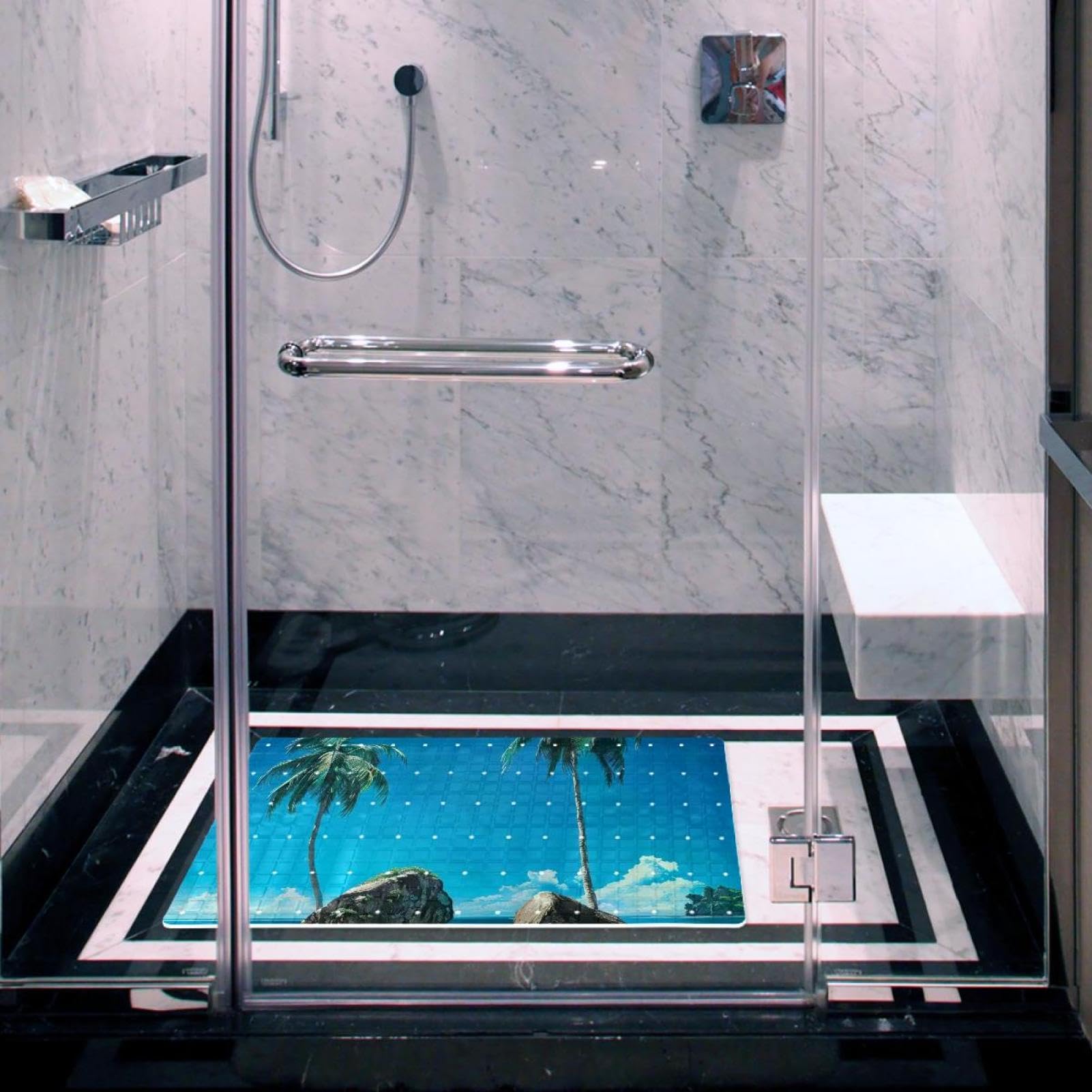 Tapis de bain de qualité supérieure - Antidérapant, facile à nettoyer et sans danger pour toute la famille - Bleu ciel et récif de mer - Palmier