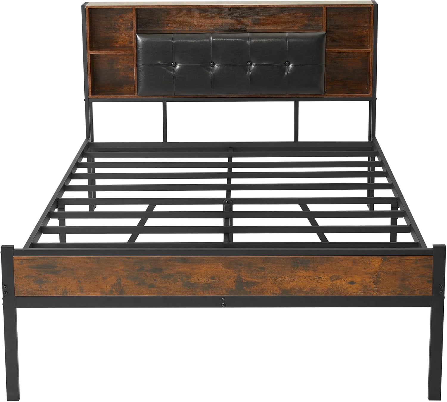 SENZZ Full Size Bed Frame with Storage Headboard, Wood Platform Bed with USB and Power Charging Station, Full-Size Bedframe with led Lights for Boys Girls Adult (Black 2, Full)