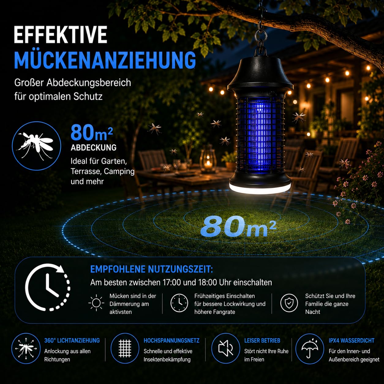 Insecticida eléctrico 2500 V, 15 W, UV, con luz LED, lámpara antimosquitos IPX4, resistente al agua, trampa contra mosquitos, moscas e insectos, para interior y exterior