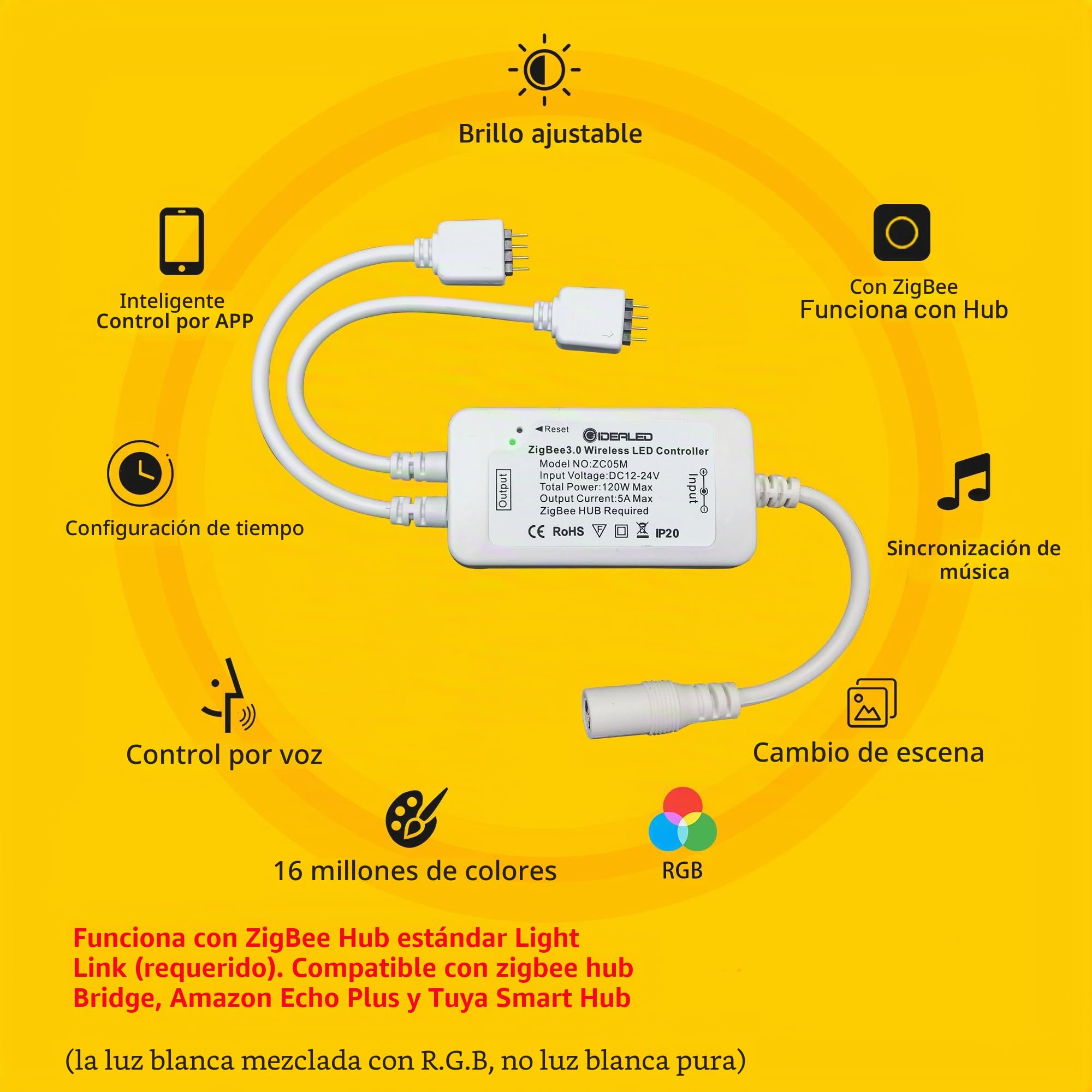 Tira de luces LED Smart ZigBee 20 m,kit RGB regulable,funciona con Hub Bridge,para control de aplicaciones,funciona directamente con Echo Plus para control de voz de Alexa
