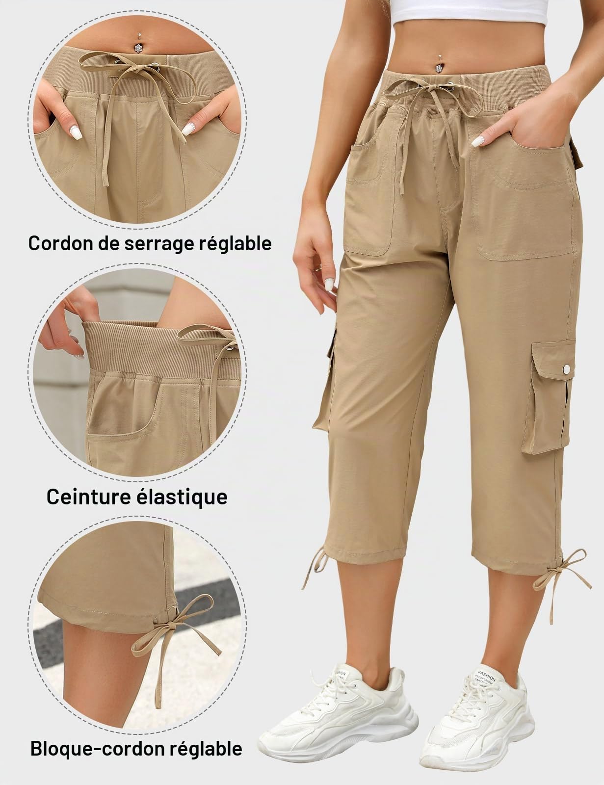 TOMEEK Pantalon Femme Été 7/8 Cargo de Randonnée Taille Haute Elastique avec Cordon de Serrage - Capri Fluide Léger avec Poches