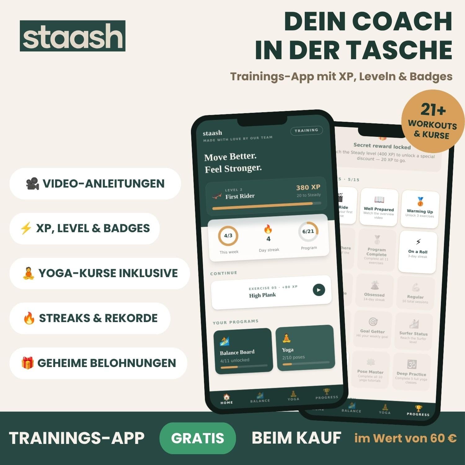STAASH® Balance Board Holz – Pro Gleichgewichtstrainer inkl. Korkrolle & Korkball + Videokurs – Indoor-Surfen, Balance- & Stabilitätstraining, Fitness, Yoga