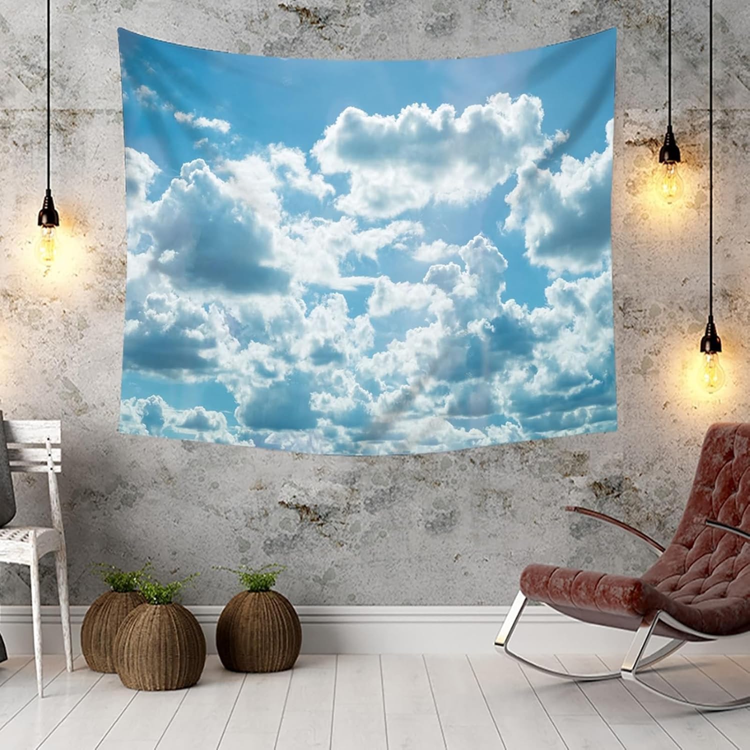 PUOJIEAT Gobelin ścienny biała chmura wiszące na ścianie błękitne niebo 3D gobeliny dekoracje ścienne tkanina z mikrofibry do domu salon sypialnia 240x260 cm 1200-GT