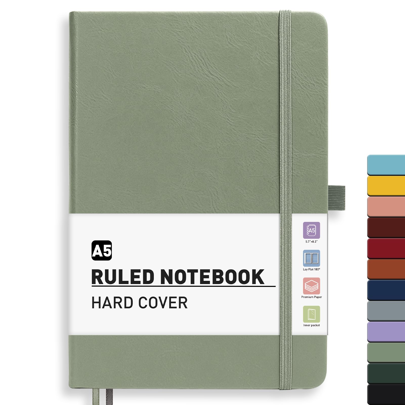 PYNEX A5 Lined Diary Notebook, Leather Journals for Women men, Hardcover, 200 Pages with 8 Planning, for Writing, Work, Study 14.5 x 21cm - Sage Green