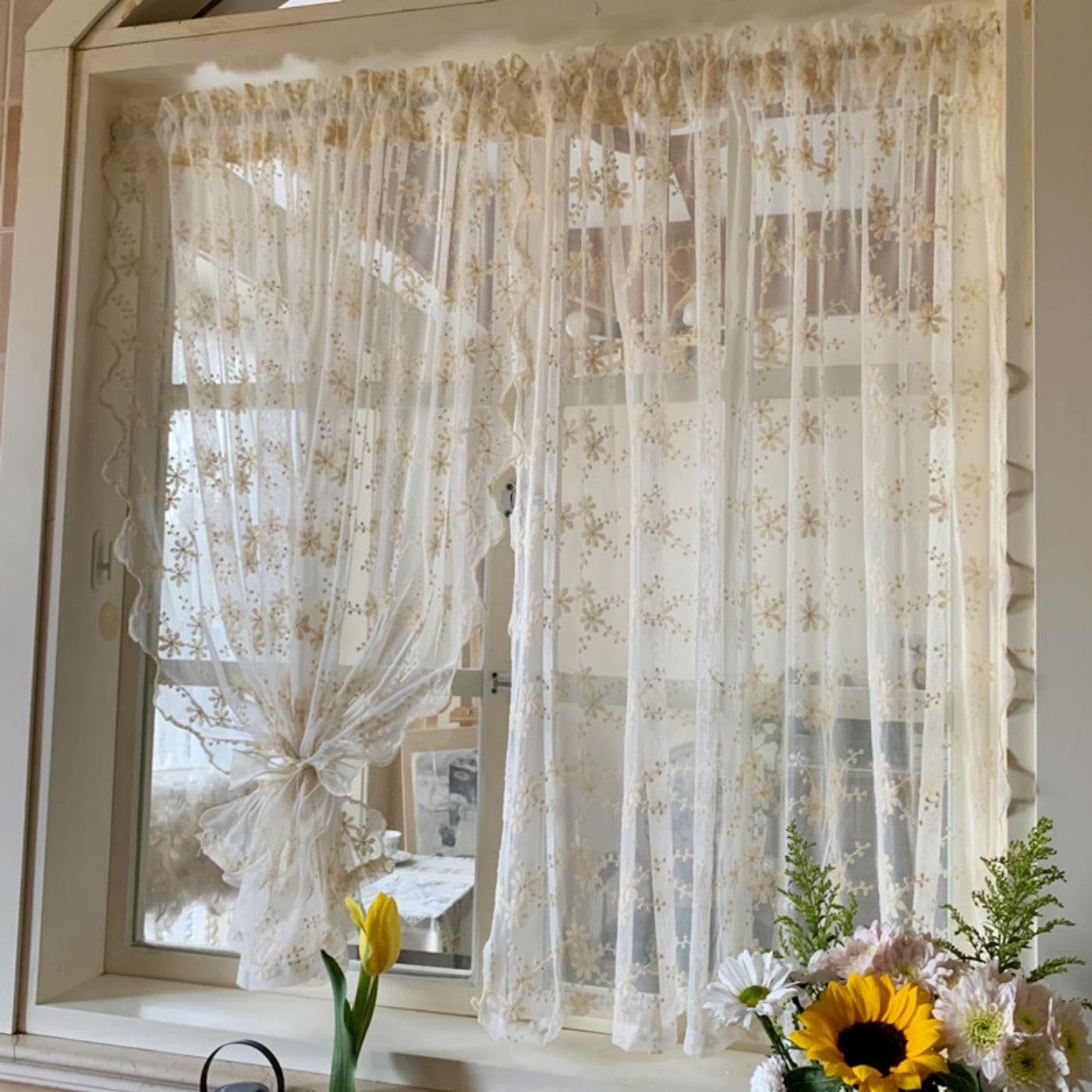 Rideau brise-bise broderie florale haut de gamme voilage beige délicat