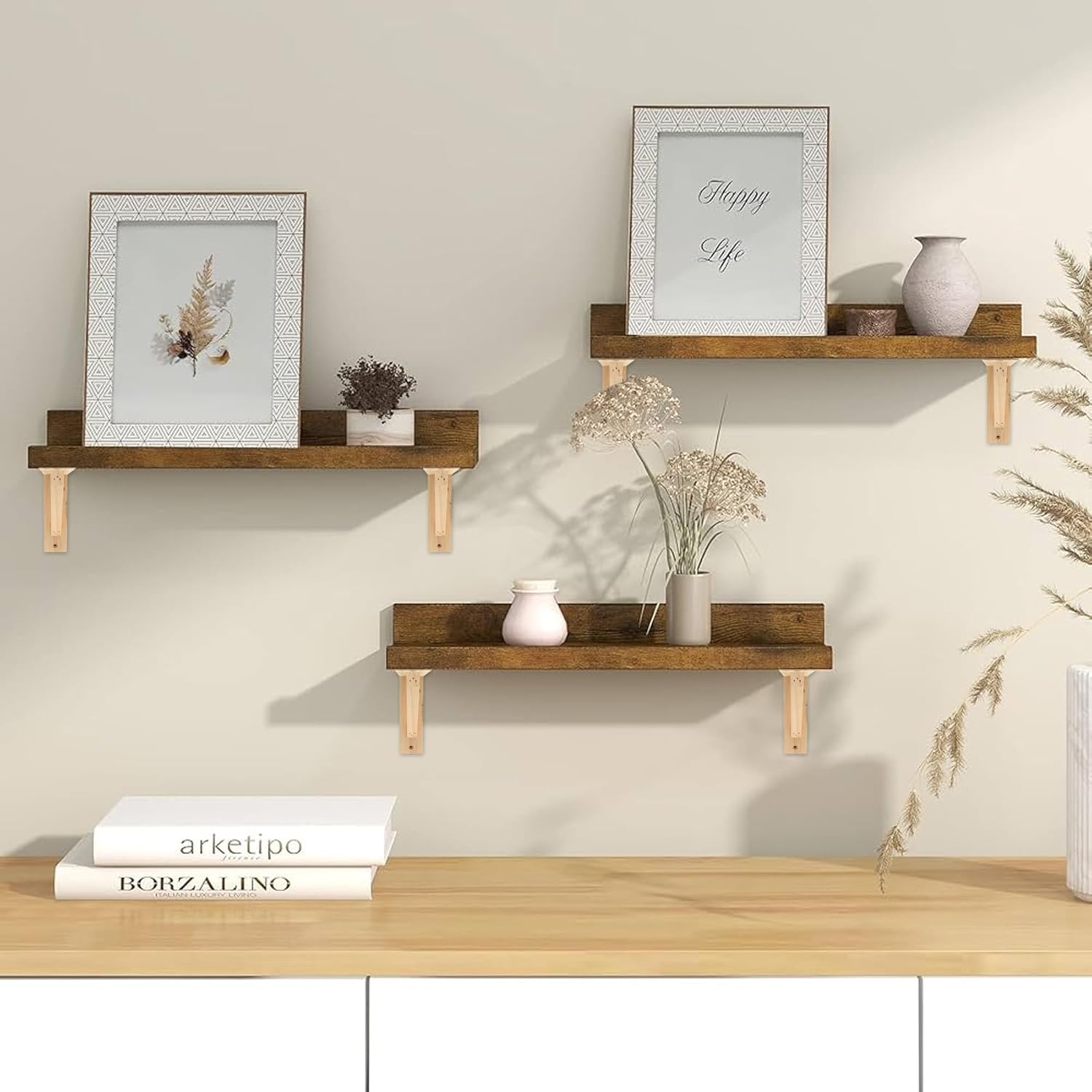 4 Pcs Rustic Decorative Shelf Brackets, 9.84" x 9.84" Wooden Shelf Brackets, Natural Solid Wood Triangle Bracket with Screws for Shelves Support DIY