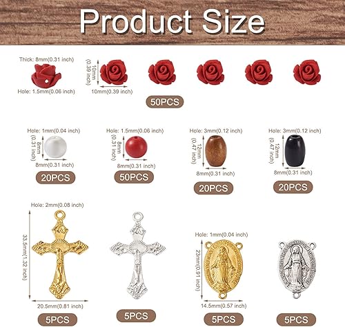 Miniatura 2 de Mega Pet Juego de 180 piezas de rosario católico para hacer joyas, cuentas de cinabrio rosa 3D con cuentas de madera de barril, cuentas redondas de