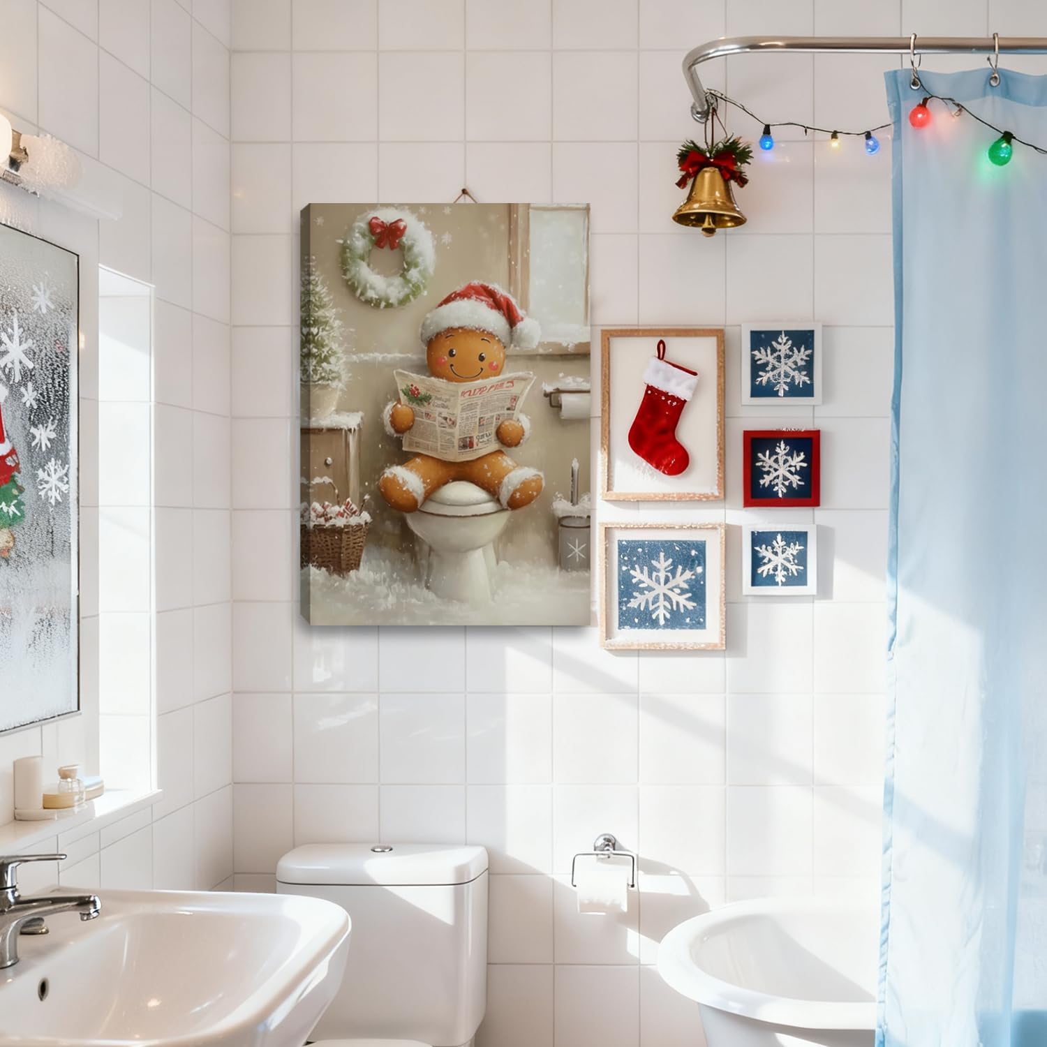 Christmas Winter Canvas Wall Art, Gingerbread Man Painting Poster, Gingerbread Reading Newspaper on Toilet Wall Decor,Christmas Picture for Wall Living Room Bathroom Bedroom Home Decoration 16*24 in ( Stretched Canvas on A Wooden Frame)
