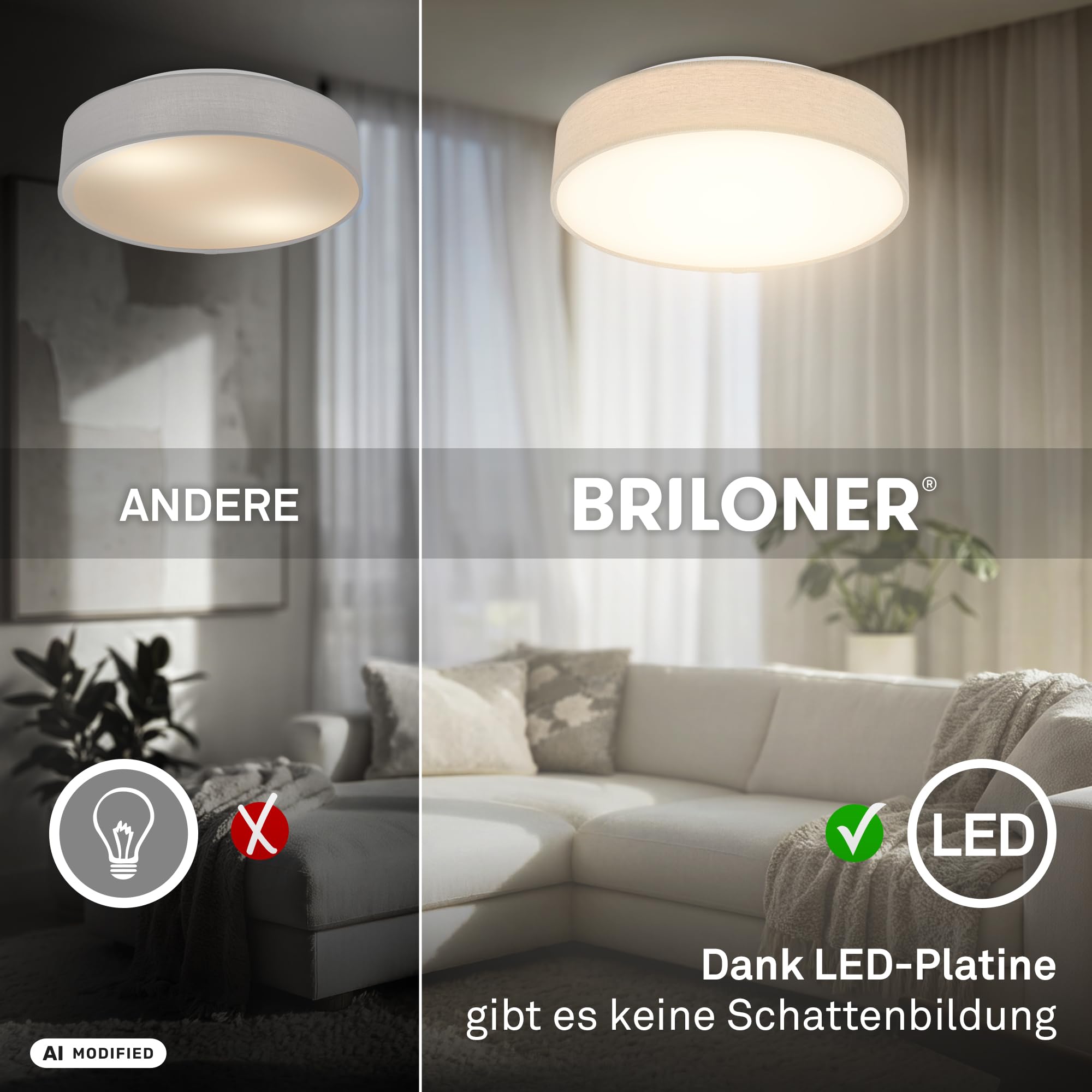 Briloner - Lámpara techo LED con pantalla de tela, 24 W y 2600 lm, luz blanco cálido, plafon LED, lamparas de salón, lampara dormitorio, luz techo salón, 38 x 10,5 cm, Beige