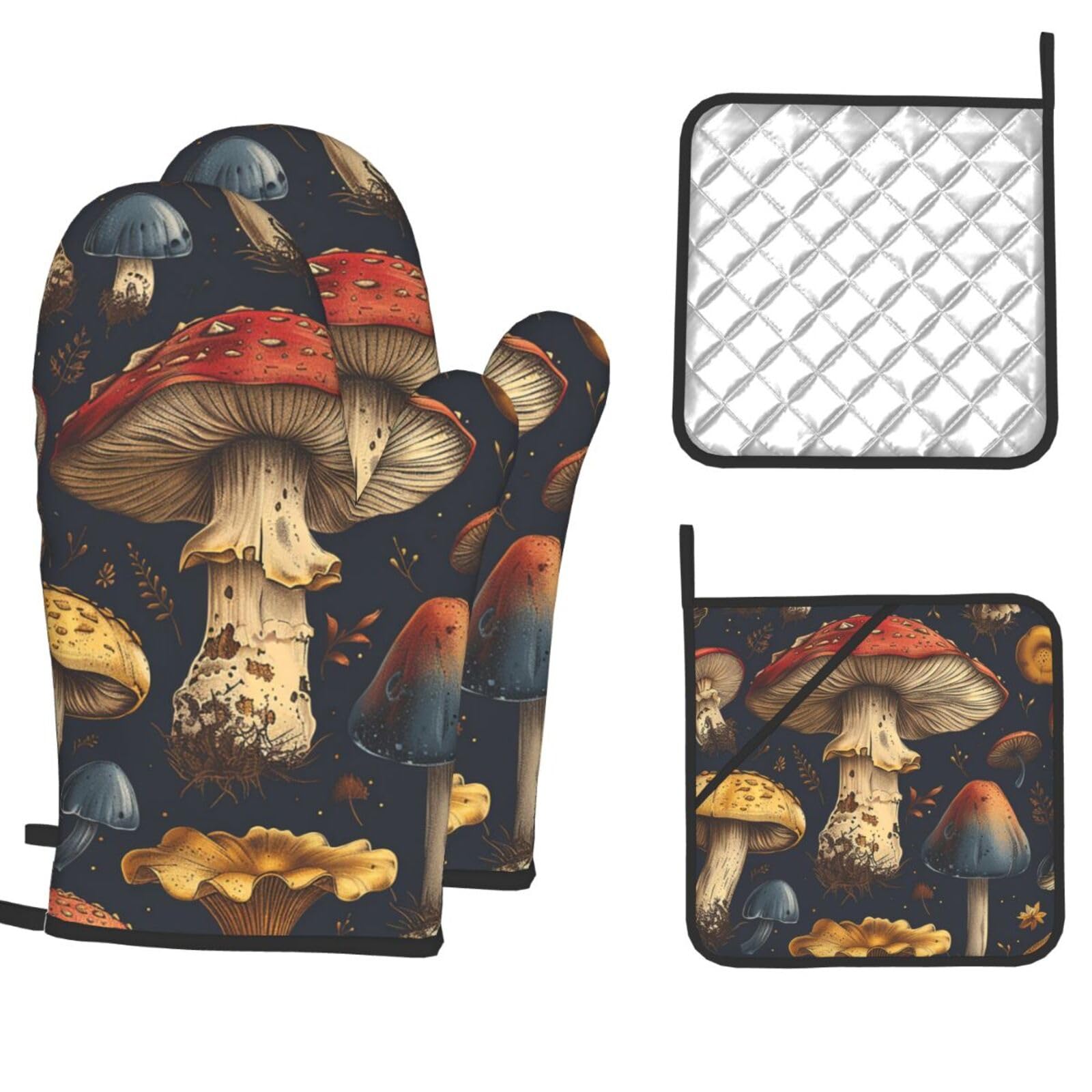Oven Mitts and Pot Holders Sets of 4 Heat Resistant Kitchen Gloves Mushroom Oven Mitts BBQ Gloves Oven Gloves and Hot Pads Non-Slip Potholders for Kitchen Baking Cooking