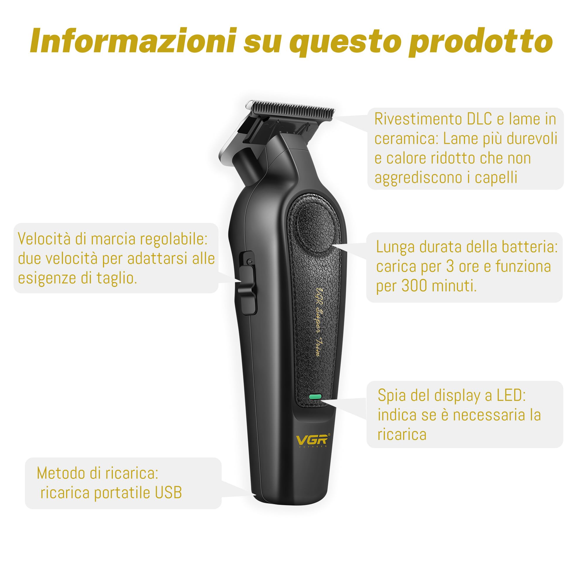 VGR 995 Tagliacapelli Professionale per Uomo, Tondeuse Zero Gap per Barberia, Tondeuse Senza Filo per Barba con 4 Pettini Guida, Tagliacapelli di Precisione, Ricarica USB-C