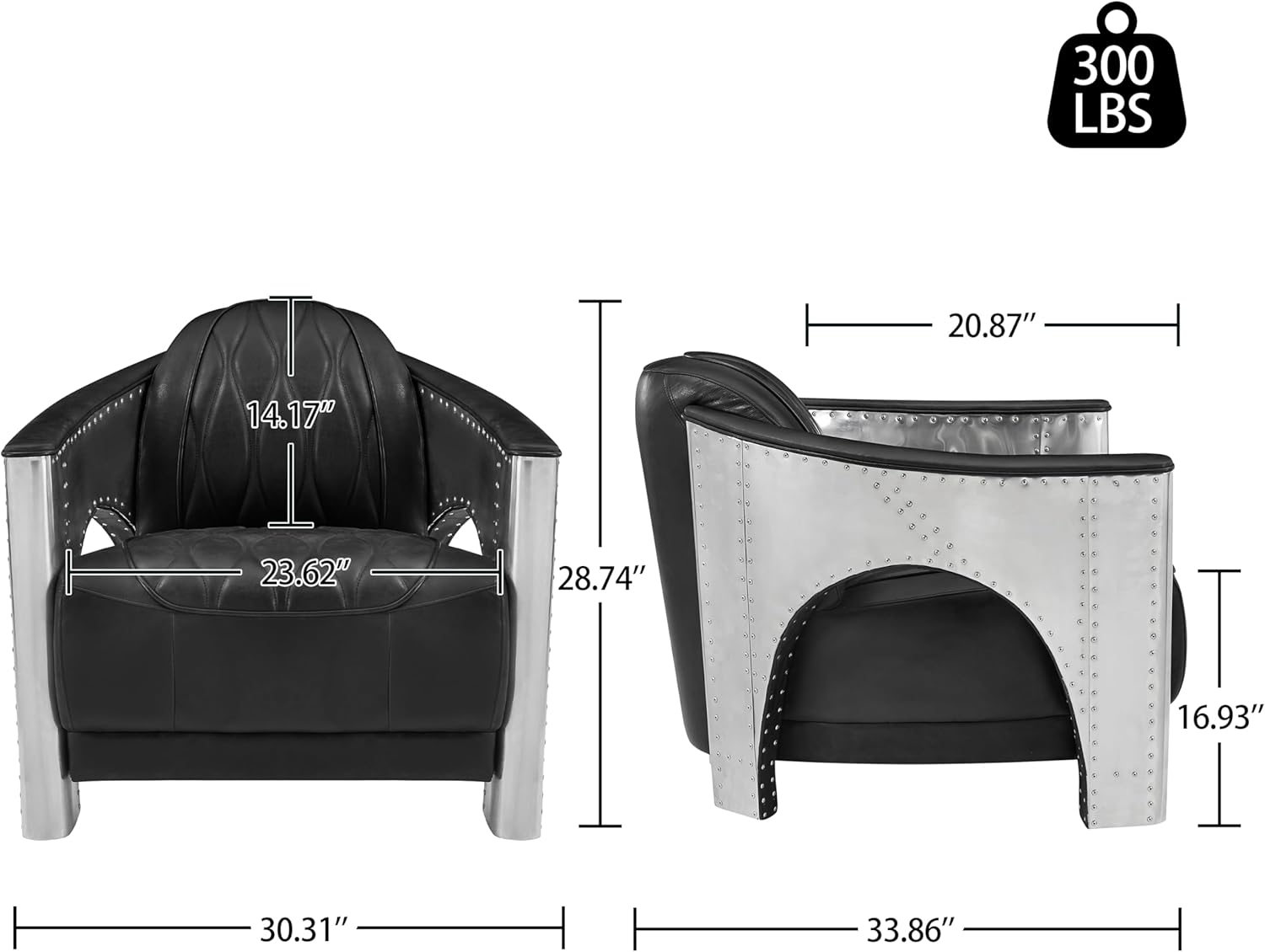 Art Leon Genuine Leather Accent Chairs - Mid Century Industrial Armchair, Vintage Leather Upholstered Club Barrel Chair with Aluminum Patchwork for Living Room Bedroom, Set of 2, Black