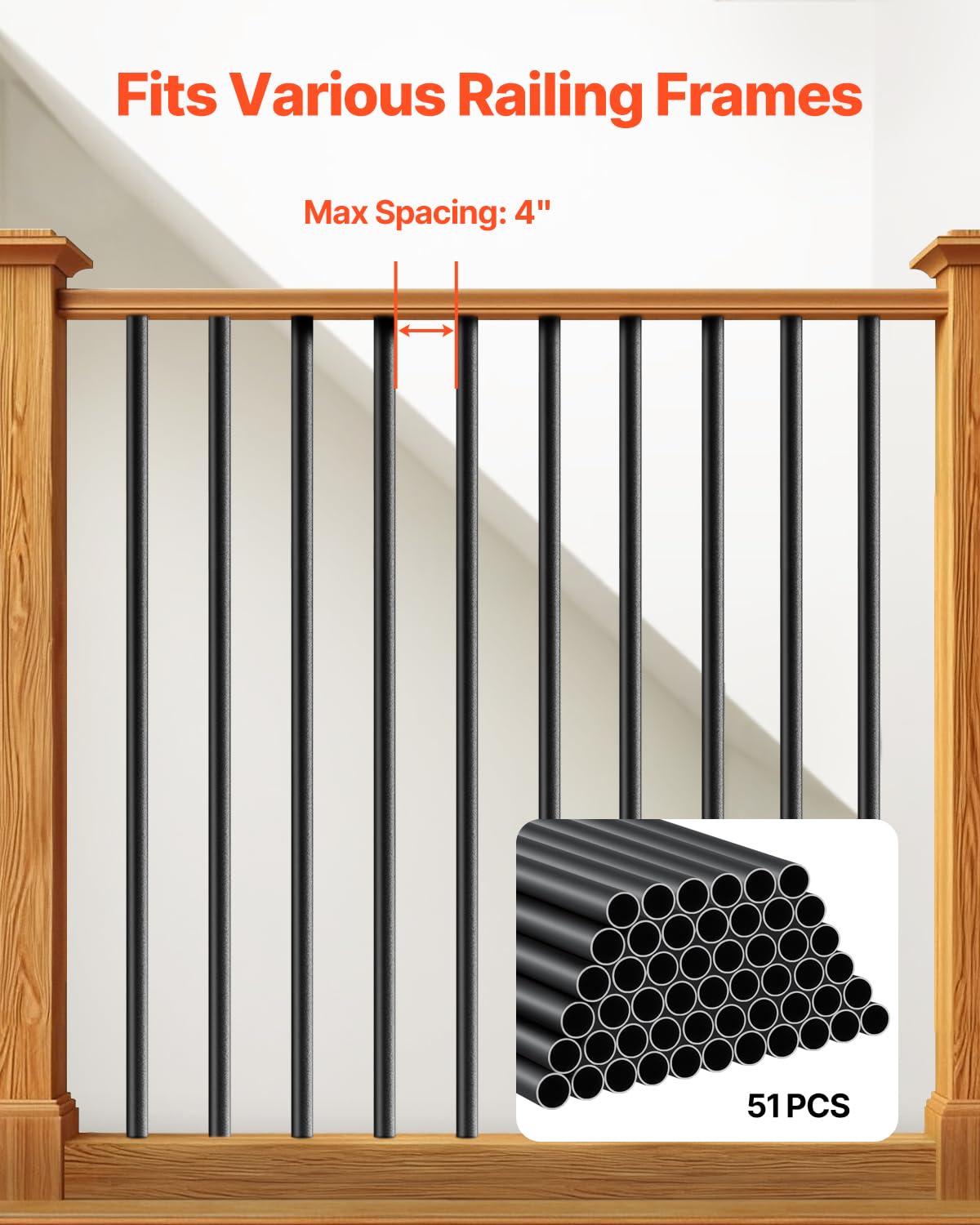 VEVOR Balustres d'Escalier Aluminium 19x914 mm, Lot de 51 Barreaux de Sécurité Garde-corps, Tige Ronde Creuse Métal, Noir