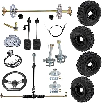 Complete 29" Rear Live Axle Kit for Go Kart, ATV, Drift Trike & 4-Wheelers Includes Hydraulic Brake, T8F Sprocket, 4.10-6 Tires, Steering Assembly, Pedals, and Wheel Hubs