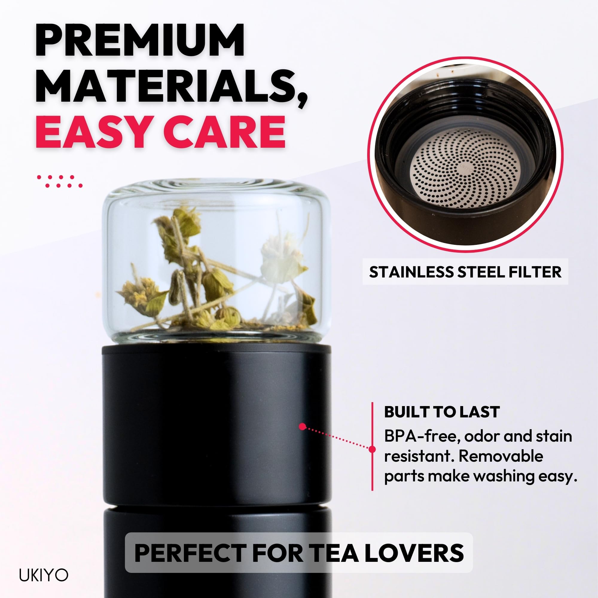 Ukiyo - Botella de acero inoxidable y vidrio con infusor de té y frutas, vaso de viaje con filtro de acero inoxidable