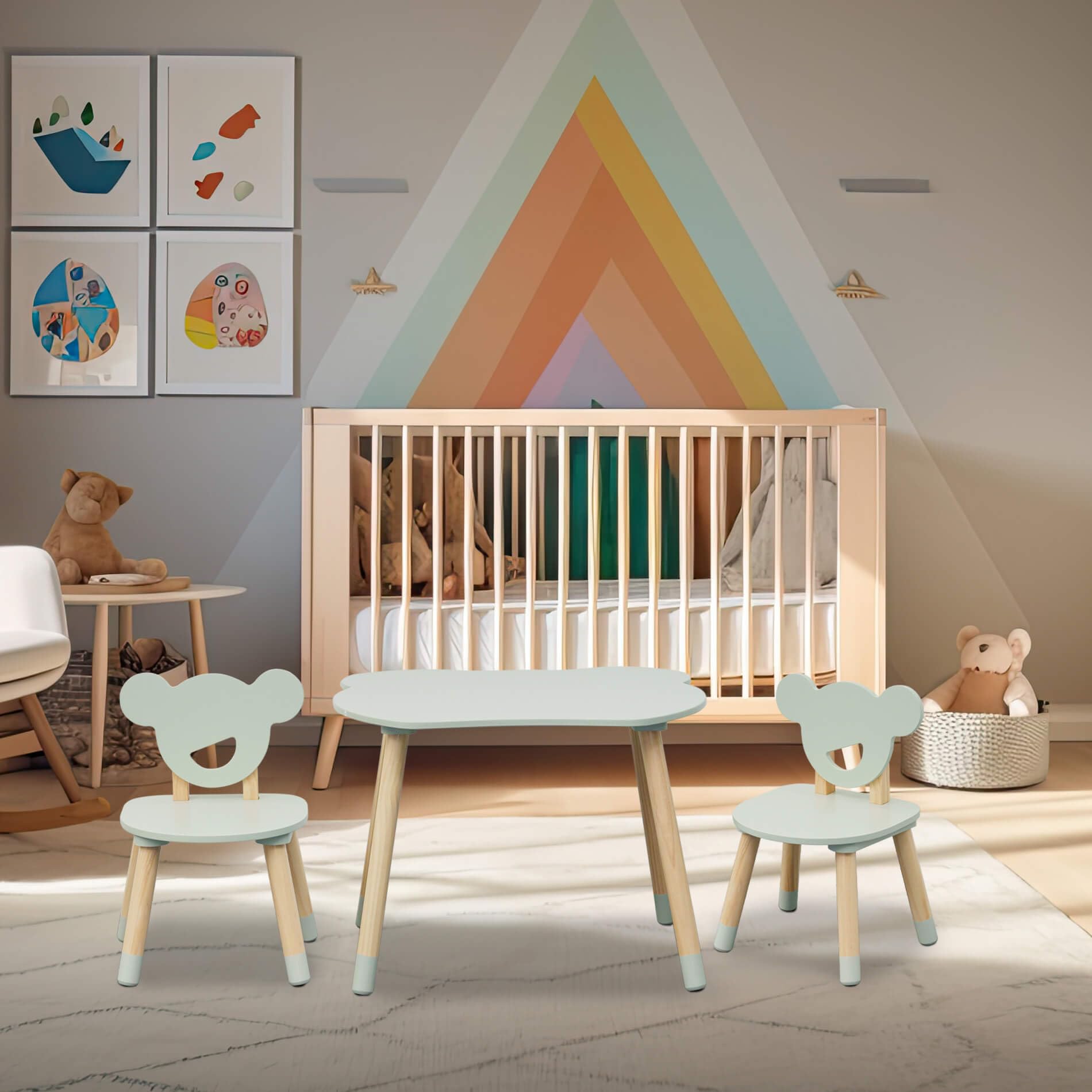 Rebecca Mobili Stół i 2 krzesła do pokoju dziecięcego, zestaw Montessori 3-częściowy, Aqua Green Brown, sosna MDF, do pokoju dziecięcego, zaokrąglone krawędzie - wymiary: 44 x 60 x 56 cm / 47 x 30 x