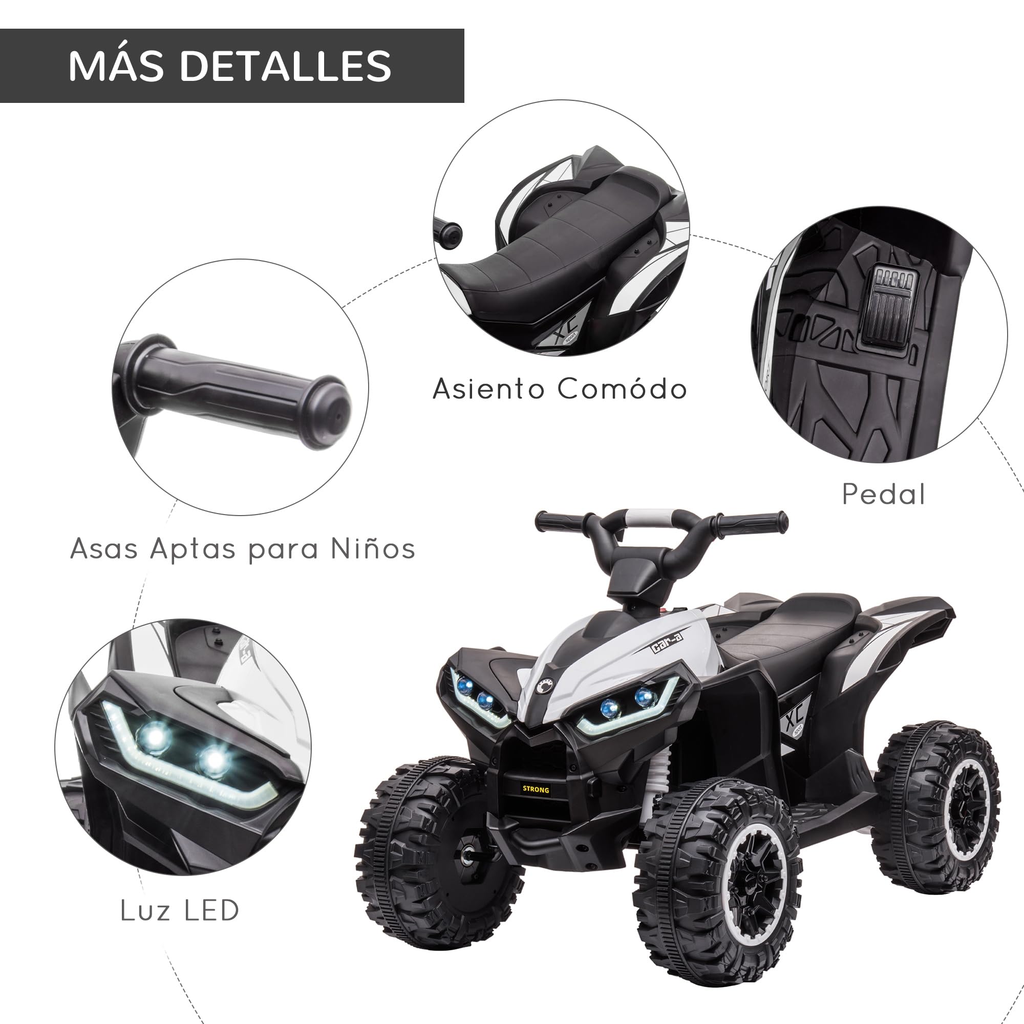 HOMCOM Quad Eléctrico para Niños 12V, Quad para Niños de 3-5 Años, con 2 Motores, Velocidad Ajustable 3-6km/h, Faros, Bocina, Música, USB, Avance y Retroceso, Blanco