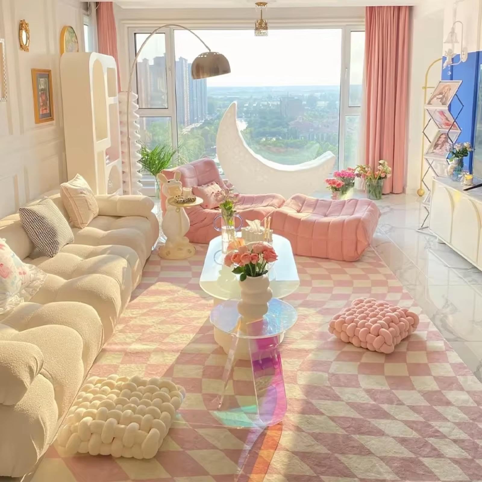 Alfombra rosa a cuadros para dormitorio de niñas y guardarropa