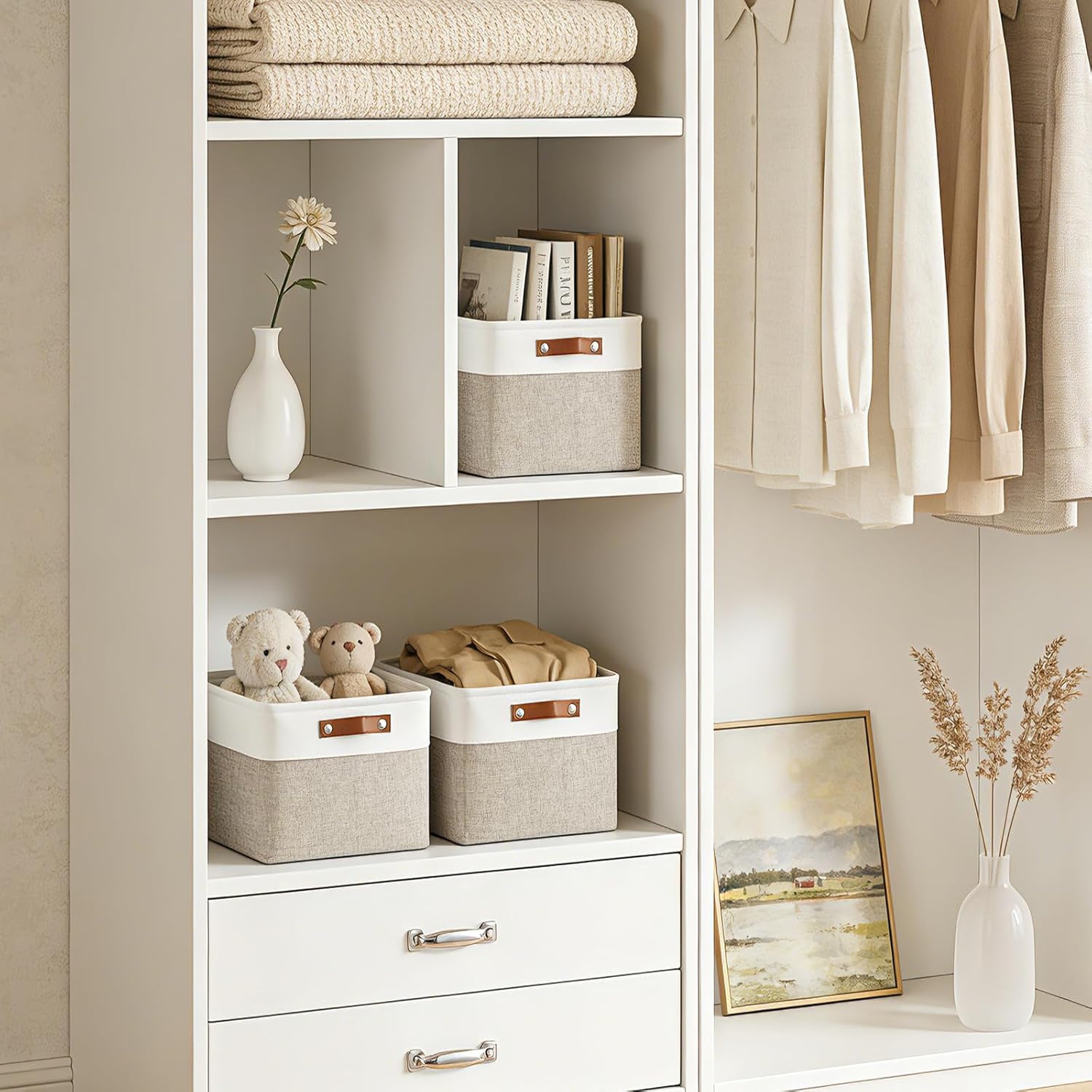 Collapsible Fabric Storage Cubes 11x11 Cube Storage Bins, 4 Pack Closet Baskets Box with Handles for Organizing, Shelf, Toys, Clothes, Home, Office, Nursery (Beige&White) Beige / Off-White Cube - 11"x11"x11"